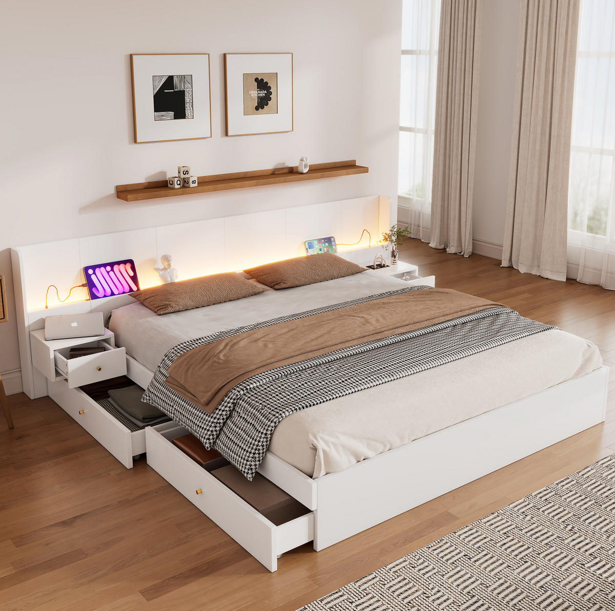 DOPPELBETT 180/200 cm mit USB-Anschlüssen, Steckdosen, LED-Beleuchtung und 2 Nachttischen mit Schubladen, Weiß - Weiß, Holzwerkstoff (180/200cm) - Redom