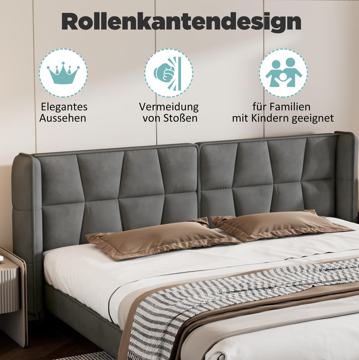 POLSTERBETT 180/200 cm mit Lattenrost & gepolstertem Kopfteil, Samt Grau - Grau, Textil (180/200cm) - Redom