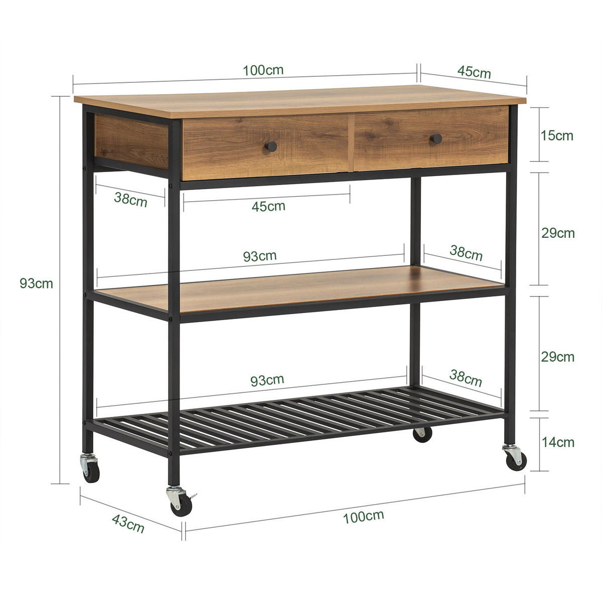 KÜCHENWAGEN Vintage Braun - Schwarz/Braun, Holzwerkstoff/Metall (100/93/45cm) - SoBuy