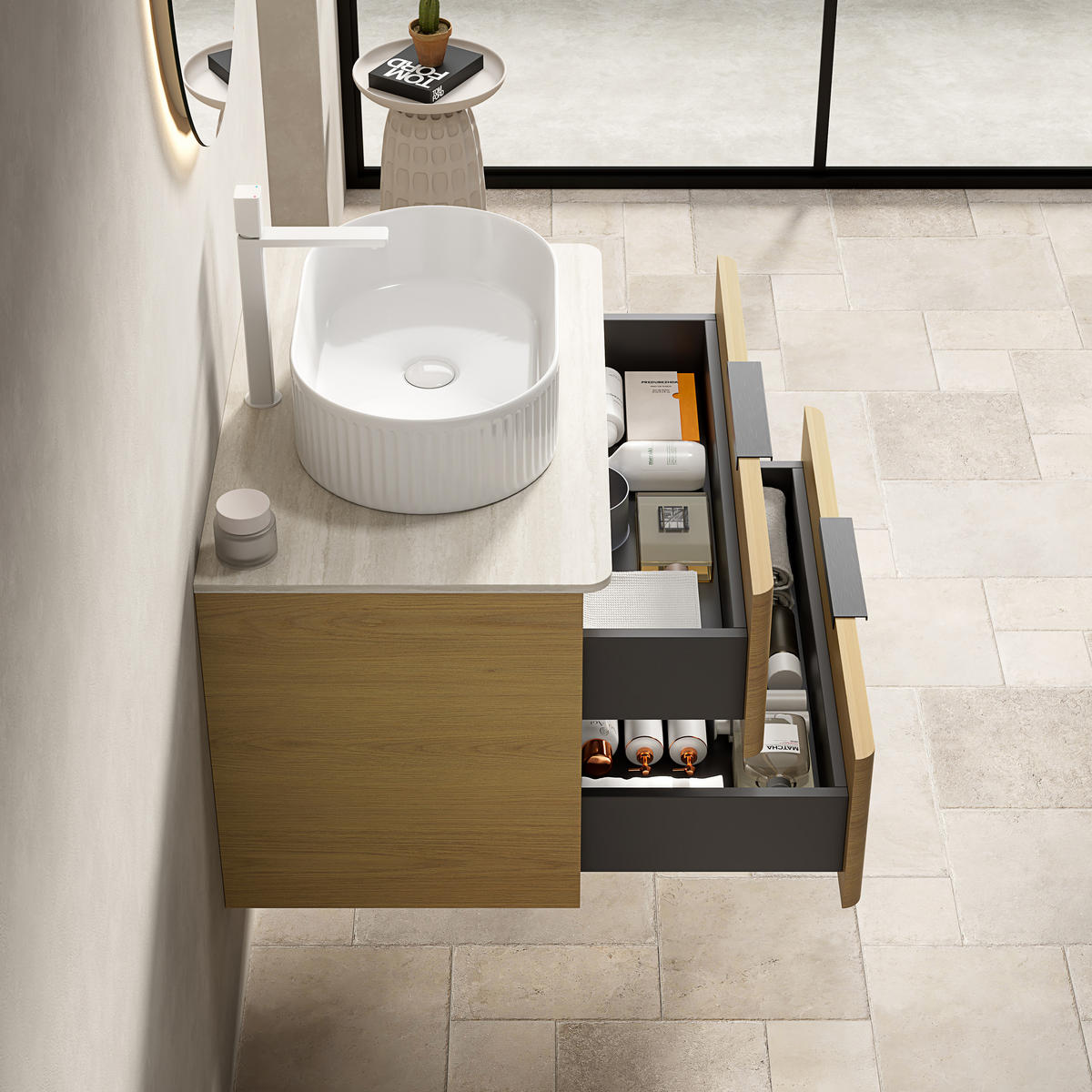 WASCHTISCHUNTERSCHRANK 75x46x62.2cm Beige/Eiche/Weiß mit ovalem Keramikbecken & Travertin-Arbeitsplatte - Eichefarben, Keramik (75/62.2/46cm) - Modfu