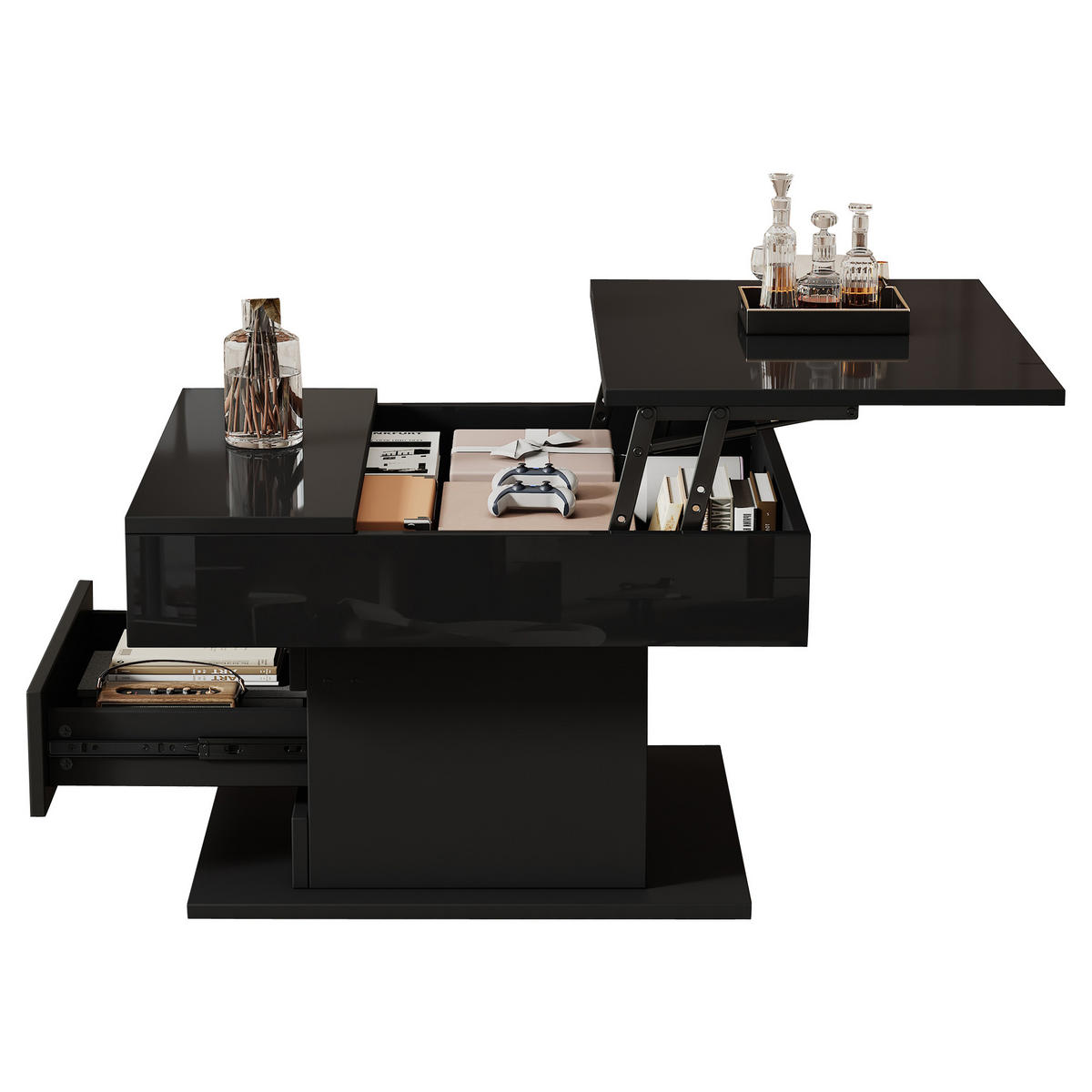 COUCHTISCH 70/70 cm Schwarz mit hochklappbarer Tischplatte, 1 Schublade und Drehfunktion - Schwarz, Holzwerkstoff (70/70/45cm) - OKWISH