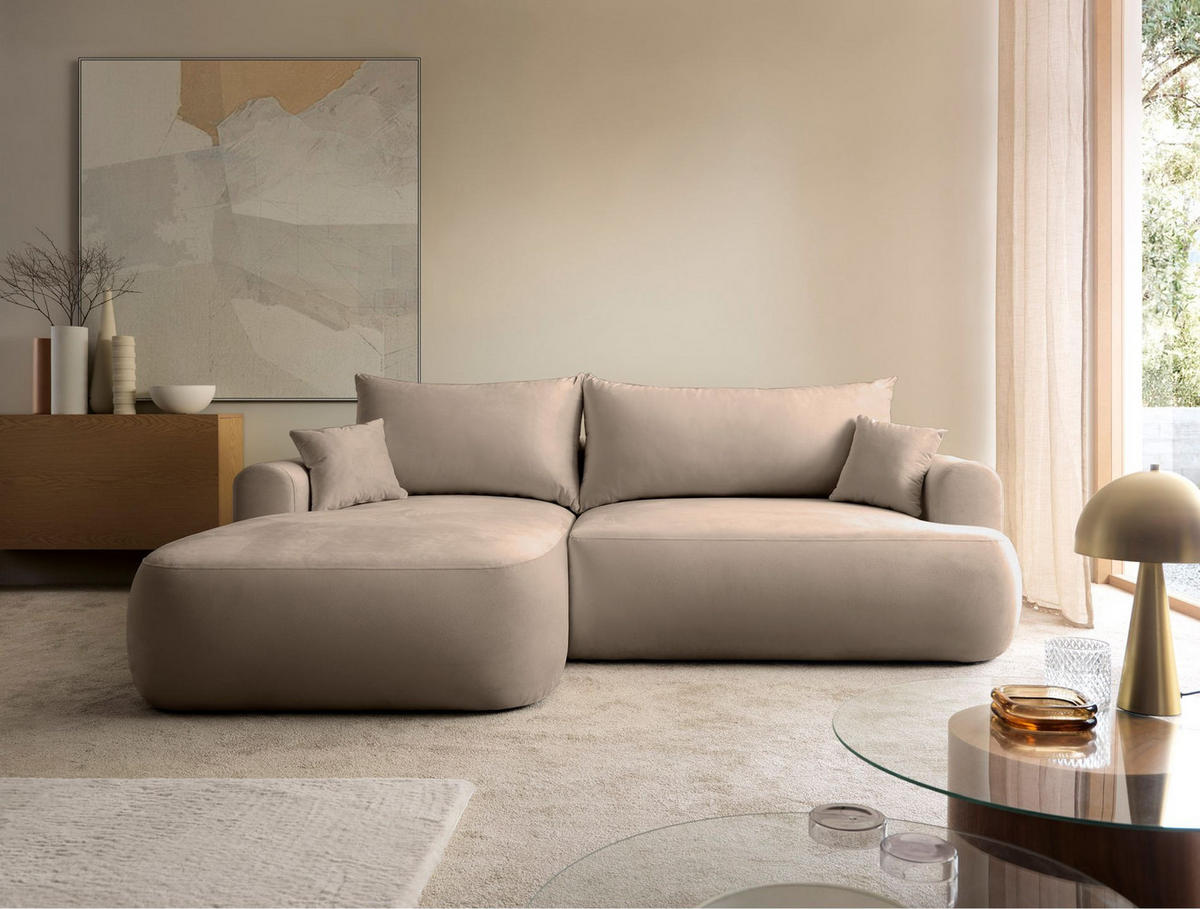 ECKSOFA Ovo Beige mit wasserabweisendem Samtbezug - Beige/Schwarz, Kunststoff/Textil (260/165cm) - Selsey