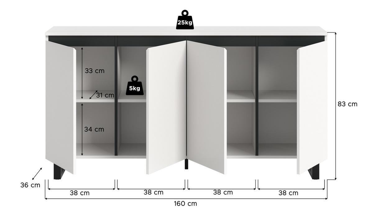 SIDEBOARD weiß mit schwarz, Kommode 160 x 84 cm mit Soft-Close, Gelia - Schwarz/Weiß, Holzwerkstoff/Metall (160/84/36cm) - Inn.Furn