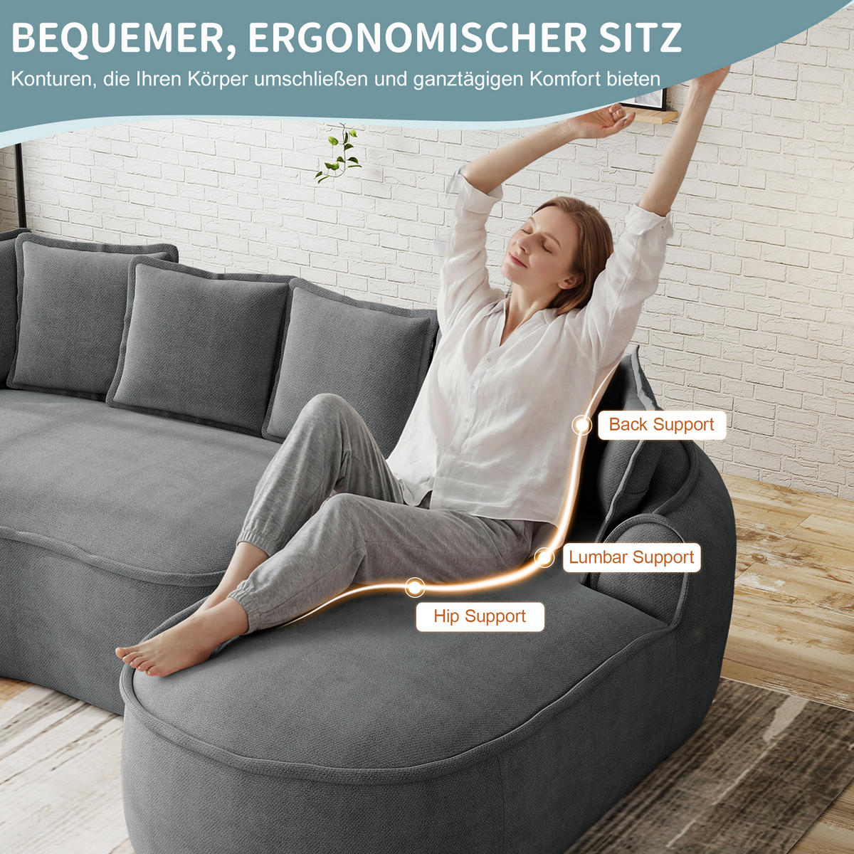 3-SITZER Sofa 252x164x67 cm aus Chenille-Stoff rahmenlos ohne Montage, grau - Grau, Textil (164/67/252cm)