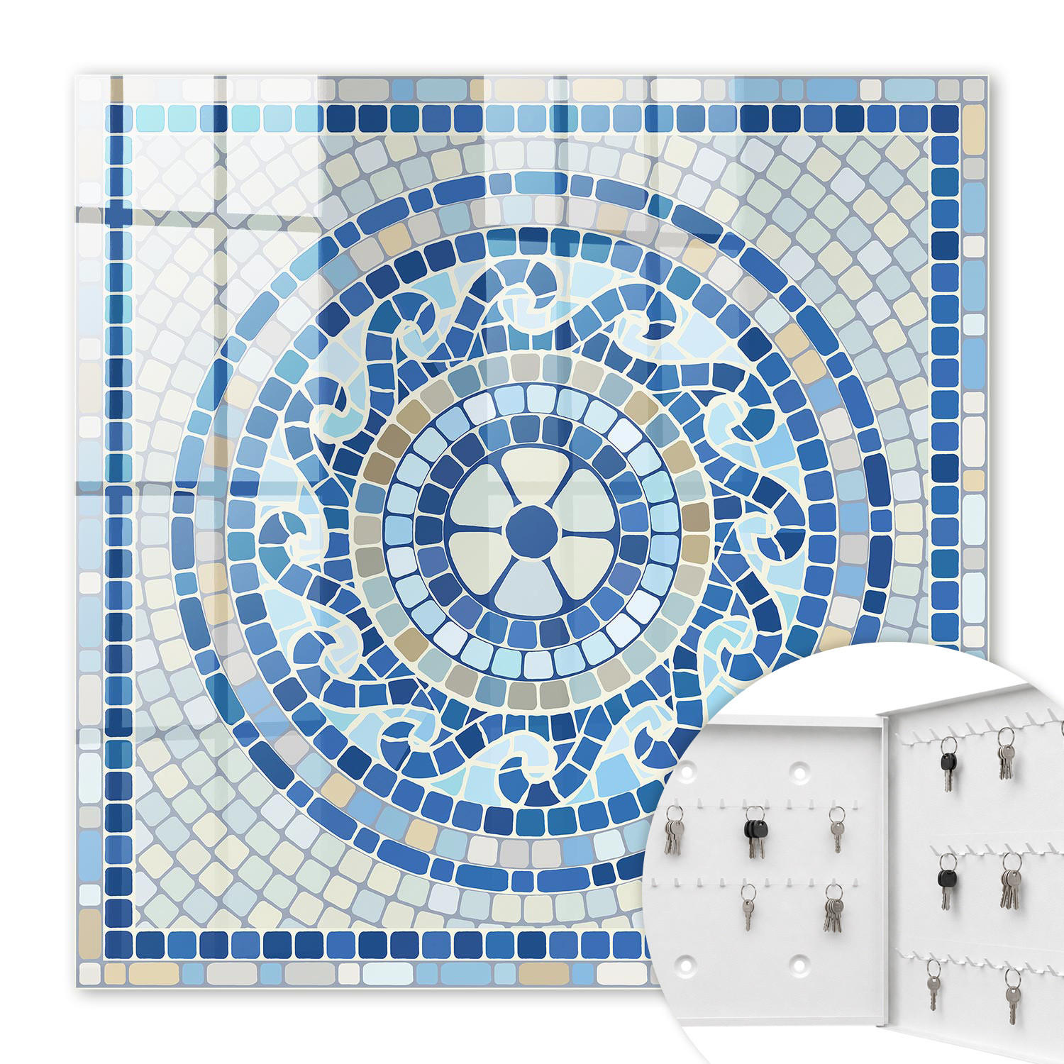 SCHLÜSSELBOX Weiß 30x30 cm – Türöffnung nach rechts - geometrisches Mosaik - Blau, Metall (30/30/5cm) - TULUP