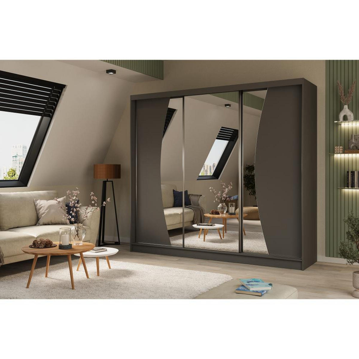 SCHWEBETÜRENSCHRANK Vox 240/216/61 graphit mit Spiegel und Schubladen - Graphitfarben, Holzwerkstoff (240/216/61cm) - Beautysofa