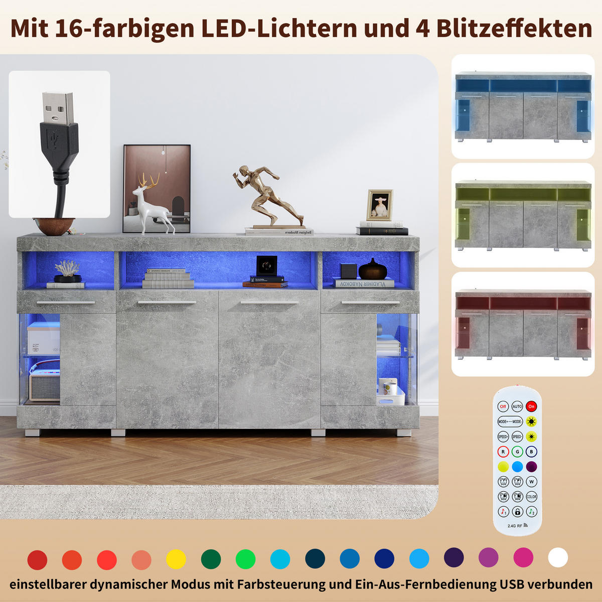 SIDEBOARD mit 3 Fächern und LED Grau - Grau, Glas/Holzwerkstoff (40/70/140cm) - Urban Meuble