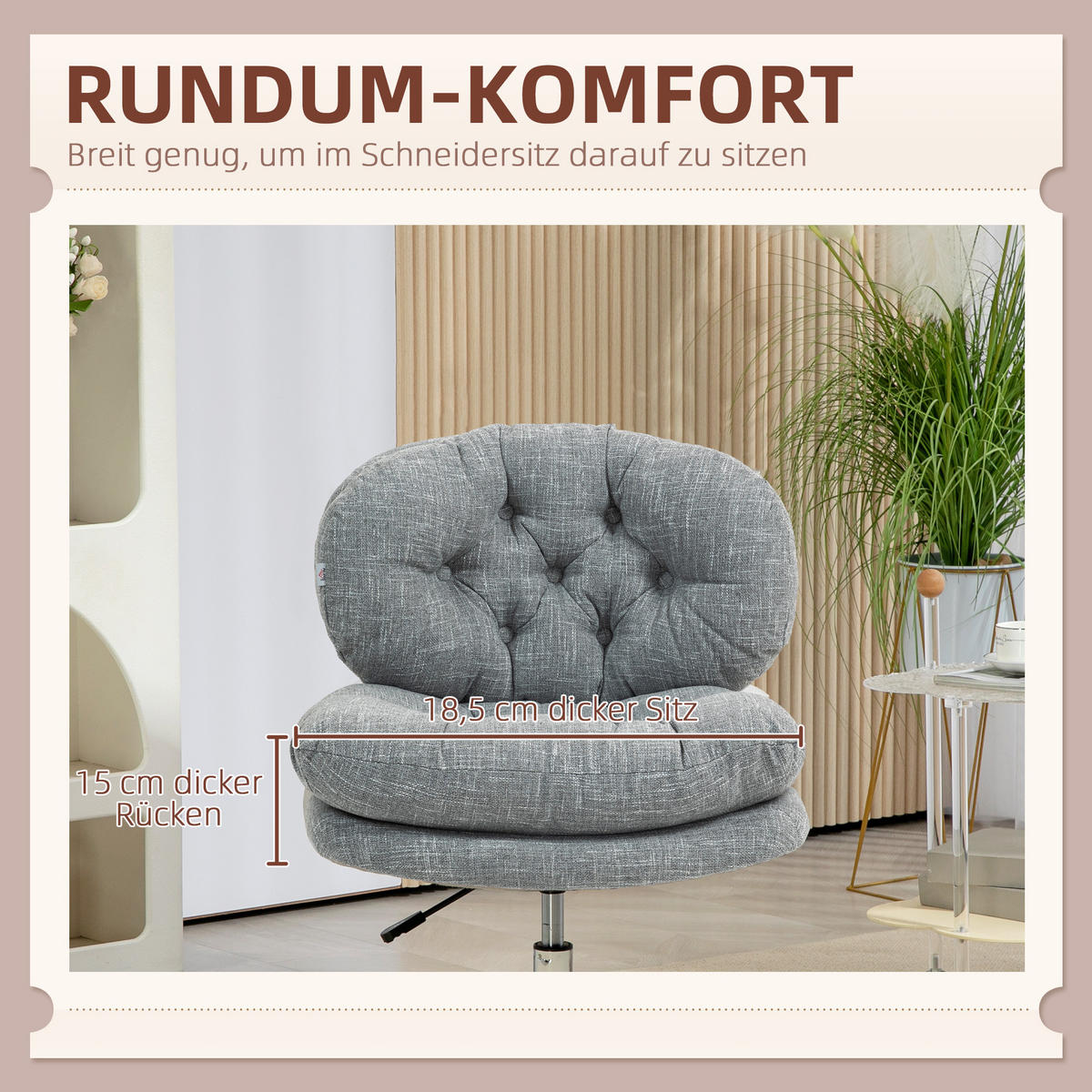 BÜROSTUHL, Gepolsterter Schreibtischstuhl, Leinenoptik, Grau - Silberfarben/Grau, Textil/Metall (65/94/65cm) - HOMCOM