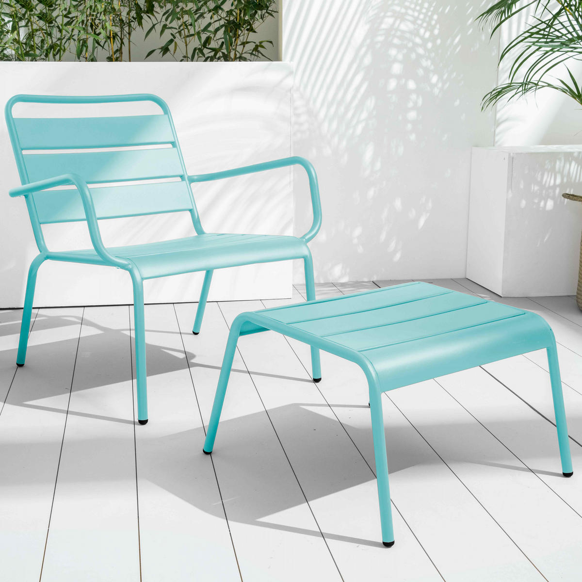 GARTENHOCKER, Türkisblau - Hellblau, Metall (44/30/40cm) - Oviala