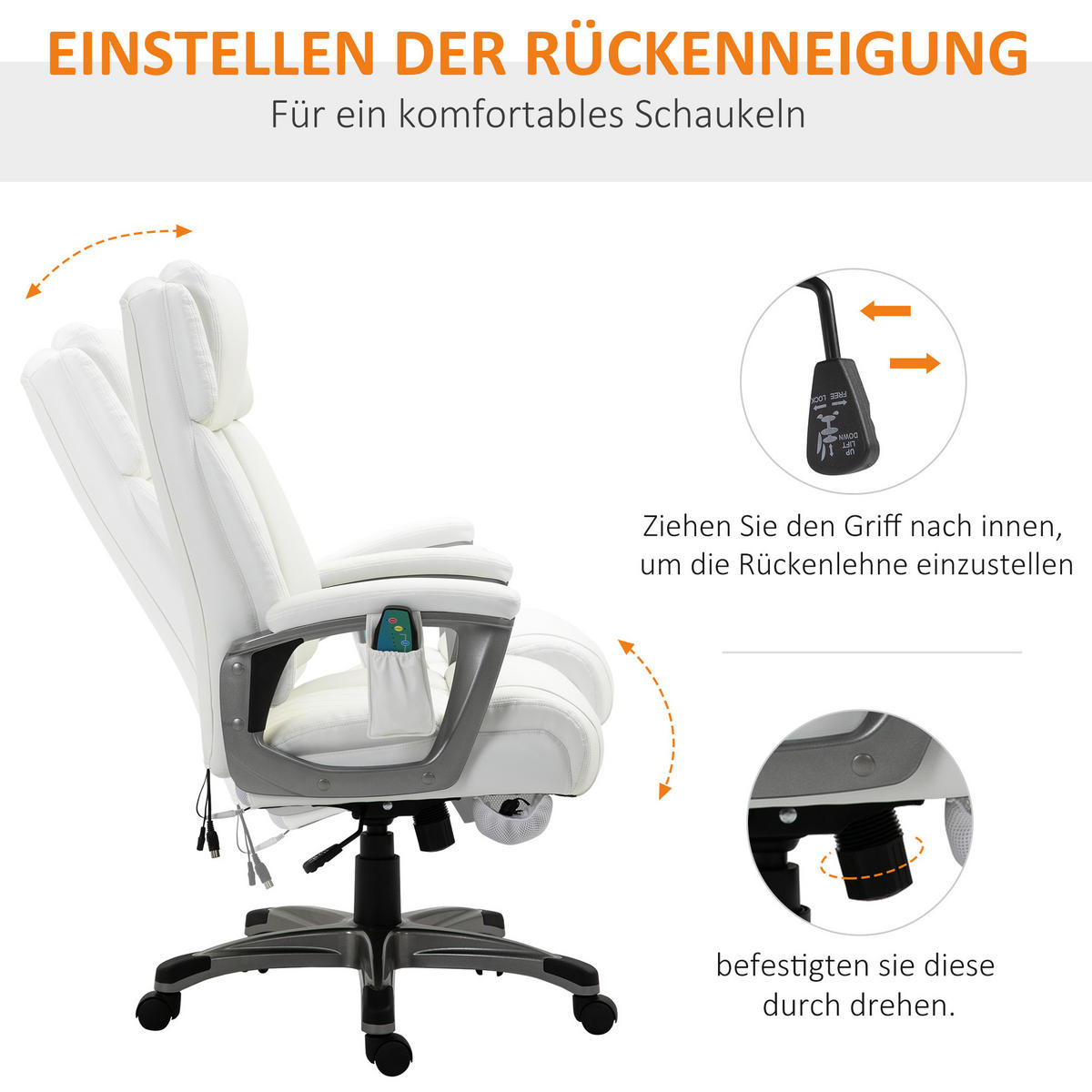 MASSAGE-BÜROSTUHL, Armlehne, Weiß - Weiß, Leder (76.5/124/70cm) - Vinsetto