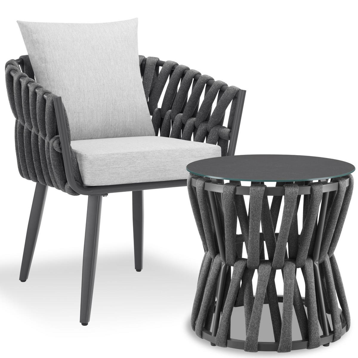 GARTENLOUNGE-SET aus Aluminium Lugano, höhenverstellbare Kunststofffüße, Sicherheitsglasplatte, anthrazit/grau - Anthrazit/Grau, Kunststoff - tectake