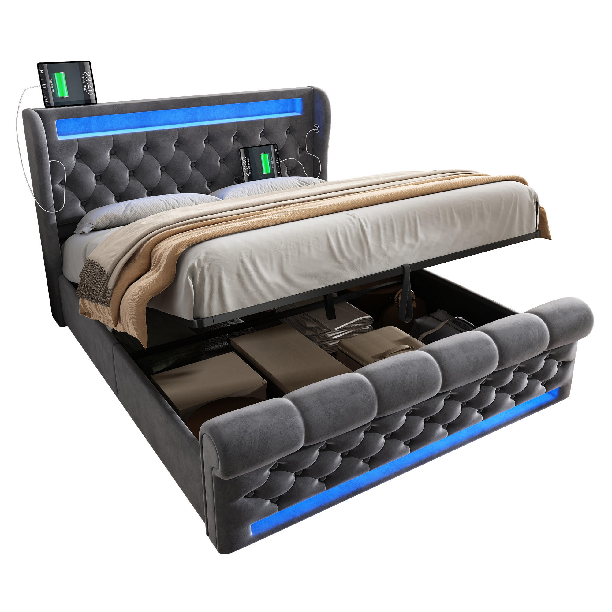 POLSTERBETT 140/200 cm Grau mit LED-Beleuchtung, Stauraum und USB-Anschlüssen - Grau, Textil (140/200cm) - OKWISH