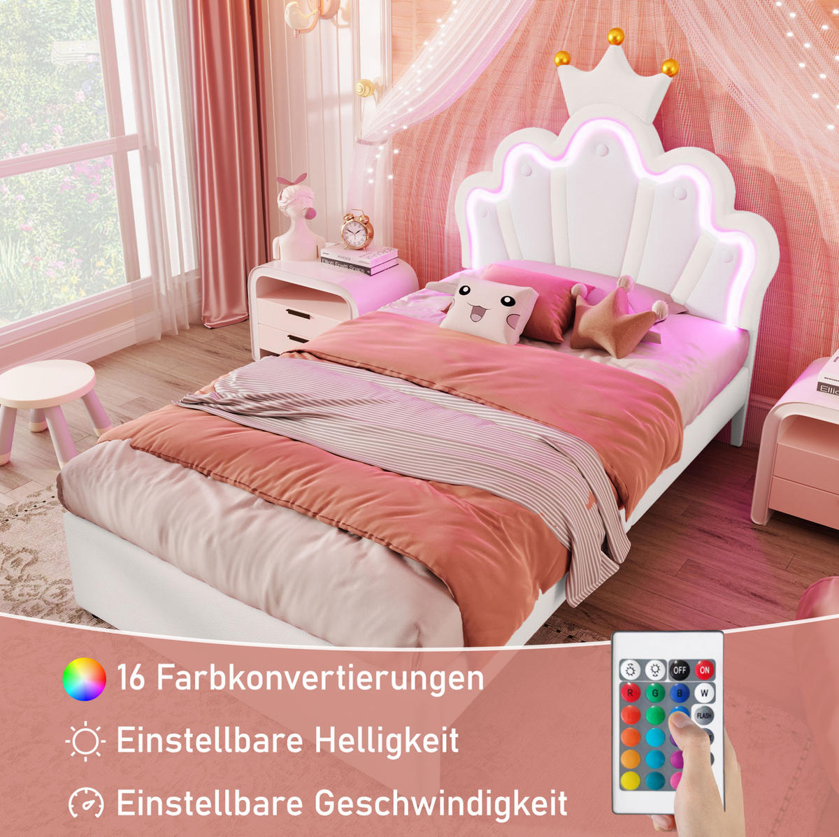 KINDERBETT 90/200 cm aus PU mit 2 Schubladen und LED-Beleuchtung in Weiß - Weiß, Leder (90/200cm) - Flora Grace