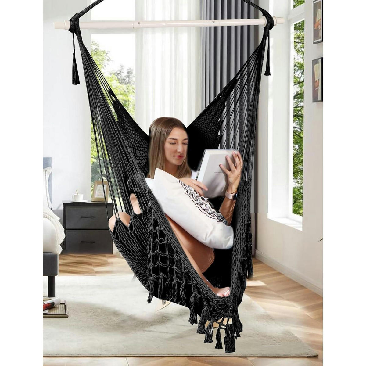 HÄNGESESSEL Baumwolle handgewebt mit Spreizstange 100 cm Schwarz - Schwarz, Textil (80/1.5/240cm)
