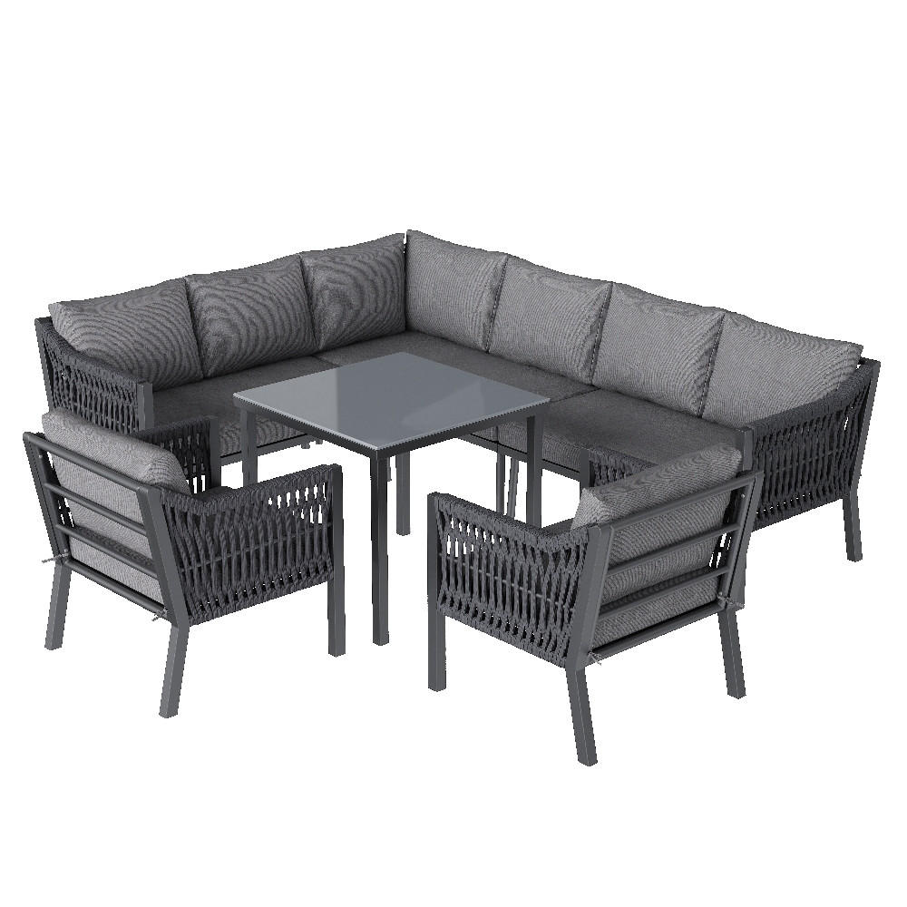 LOUNGEGARNITUR 4-teiliges Set Garten-Essgruppe ECKSTELLUNG HANDGEWEBTES SEIL Grau Terrassenmöbel 243,5/80/186 cm - Grau, Metall - Rolipo