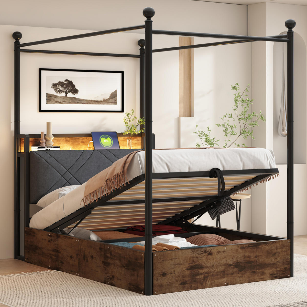 METALLBETT 90/190 cm Schwarz mit Stauraum, LED-Beleuchtung und USB-/Type-C - Schwarz, Metall (90/190cm) - Flora Grace