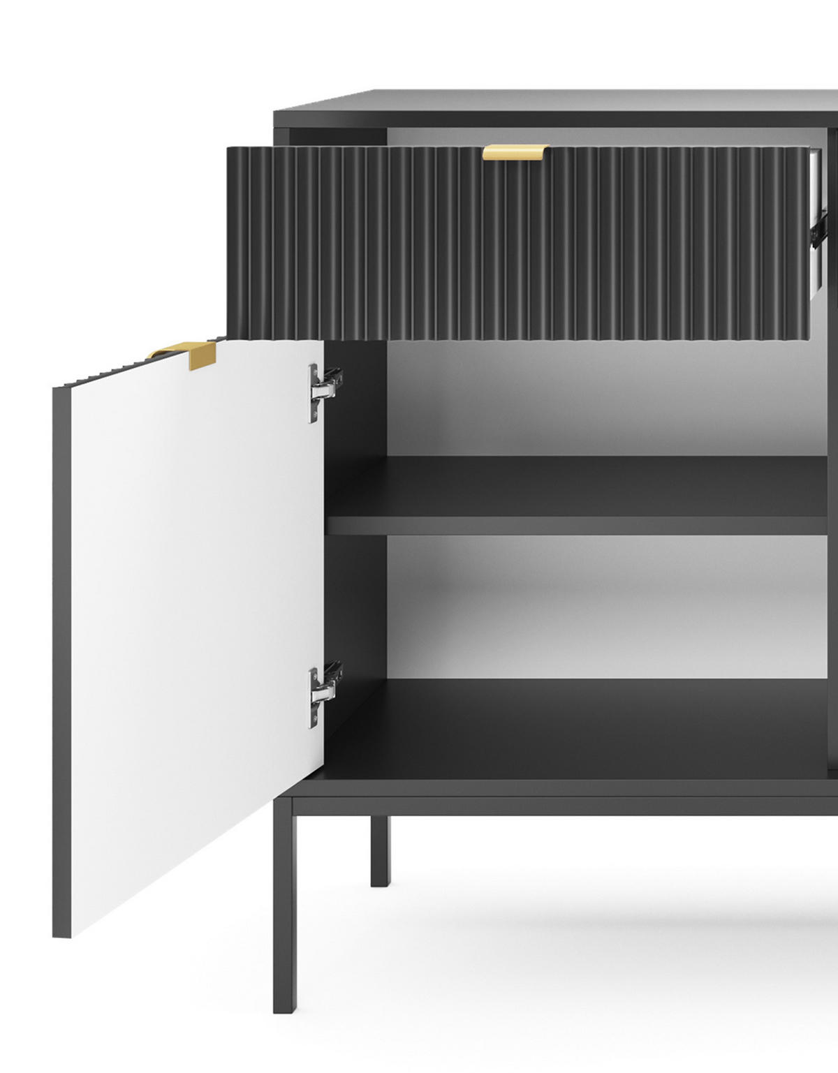 KOMMODE NOVA - KSZ154, Geriffelte Fronten, goldene Griffe 154x39x83 cm Schwarz - Schwarz, Holzwerkstoff/Kunststoff (154/83/39cm) - DomoHome