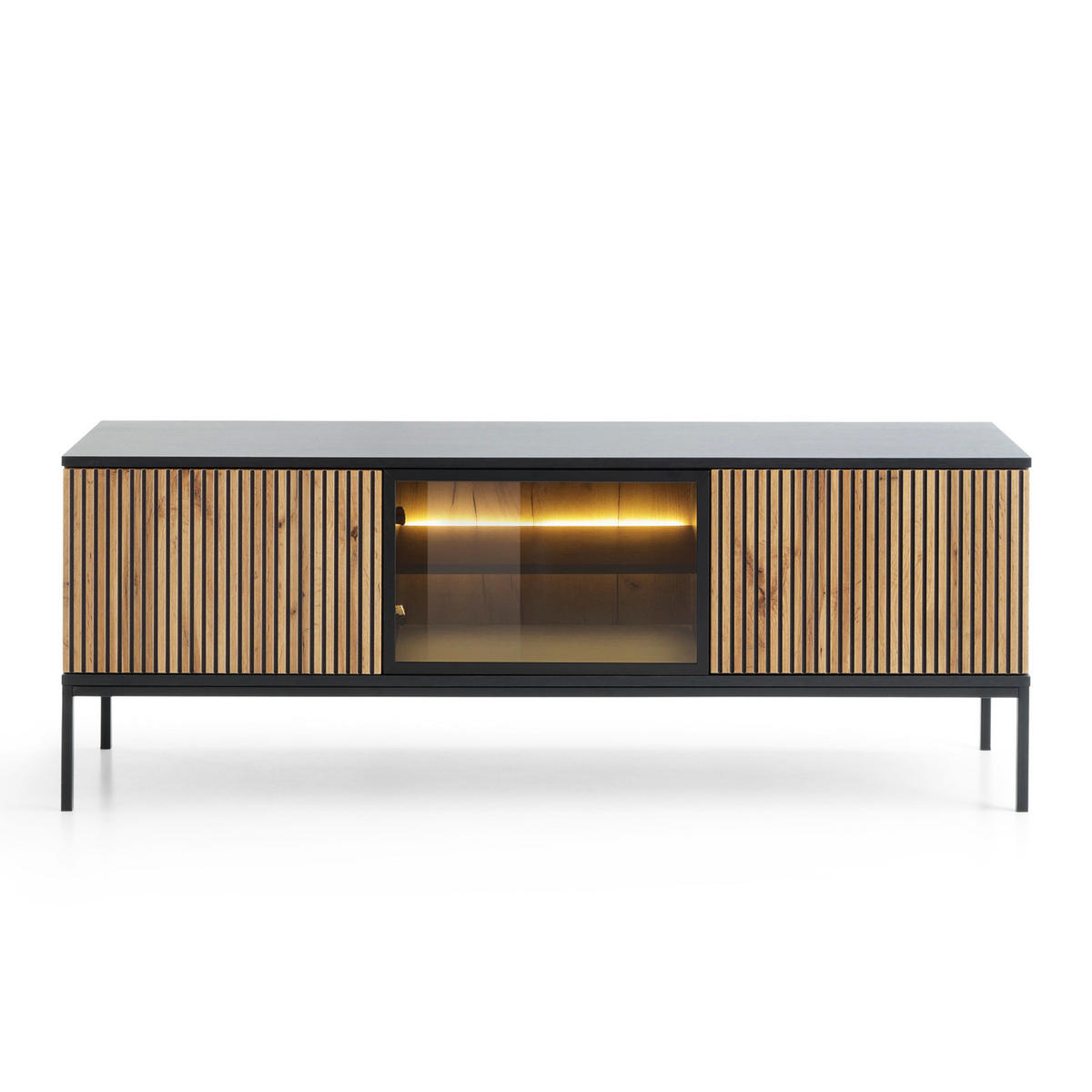 LOWBOARD Laval RTV154 – Wotan, Schwarz - Eichefarben/Schwarz, Glas/Holzwerkstoff (154/56/39cm) - Komodee