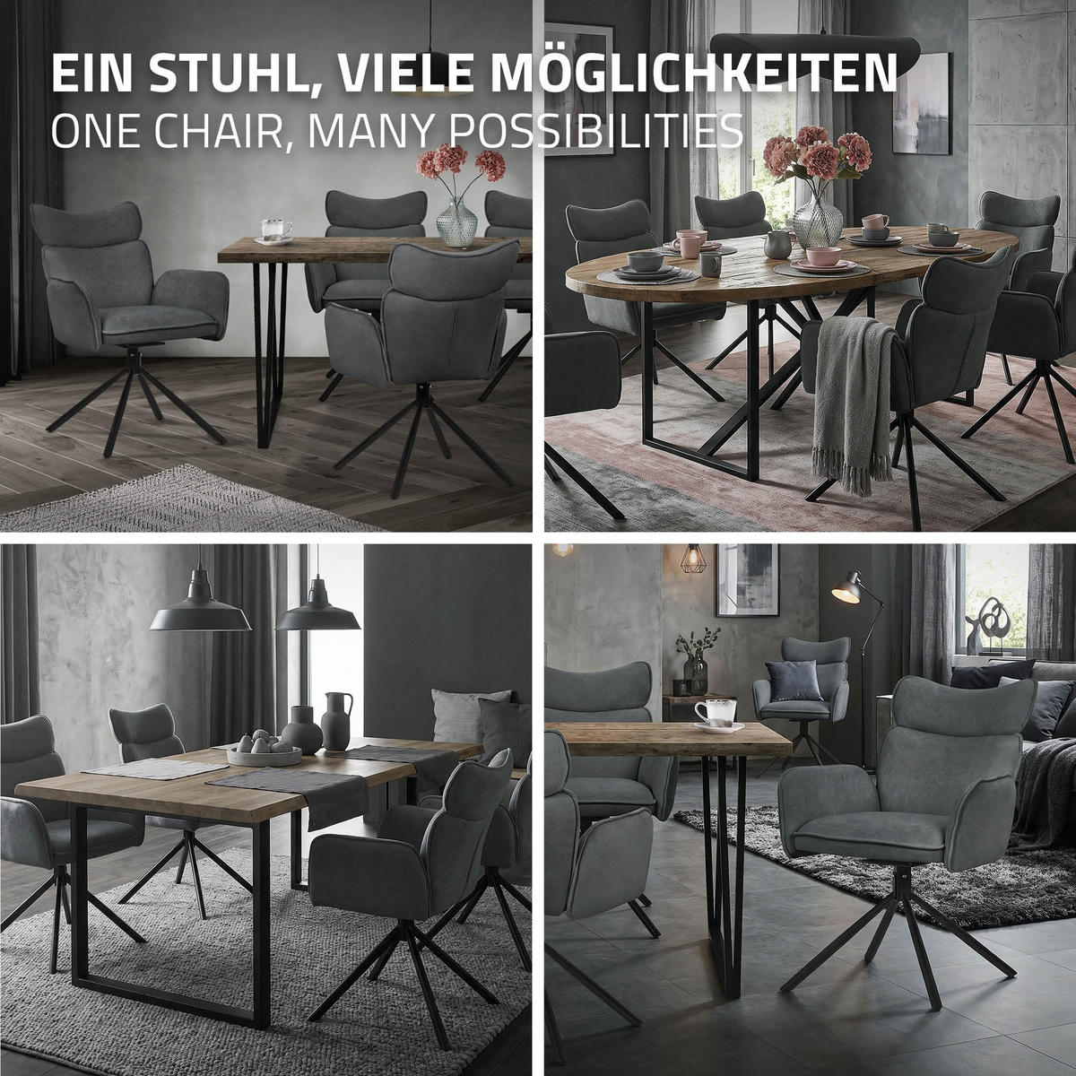 JÍDELNÍ ŽIDLE, sada 6 ks, otočné, antracitové s látkovým potahem - černá/antracitová, kov/textil (63/89/68cm) - ML-DESIGN