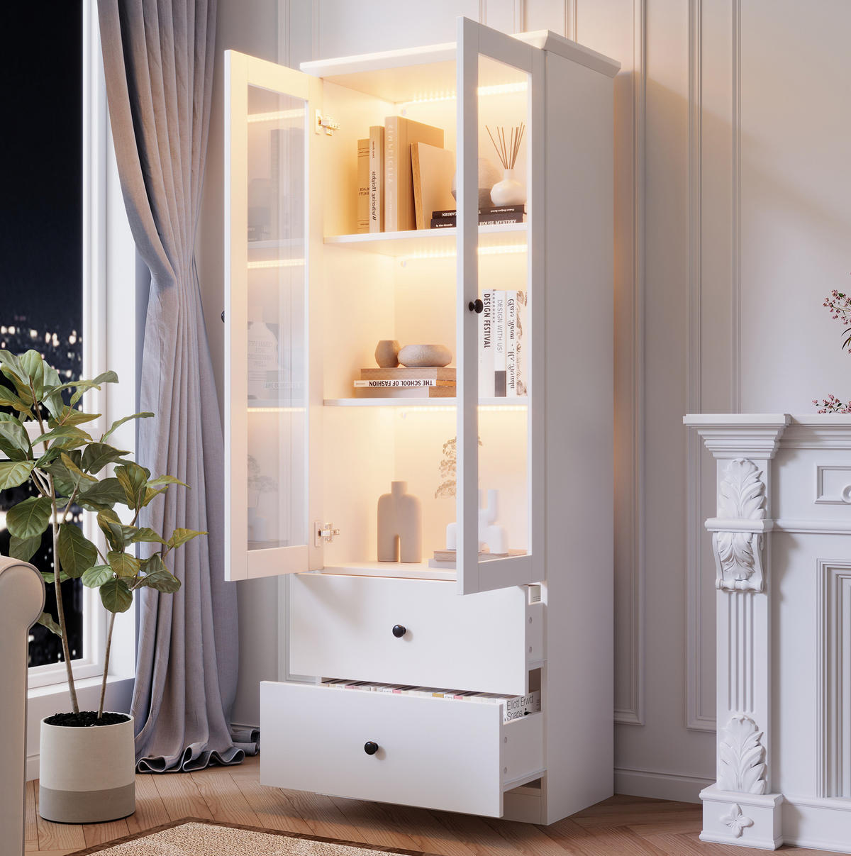 VITRINE 60/35,5/165 cm mit LED-Beleuchtung, USB-Anschluss, 2 Schubladen und verstellbaren Einlegeböden, Weiß - Weiß, Holzwerkstoff (60/165/35.5cm) - Redom