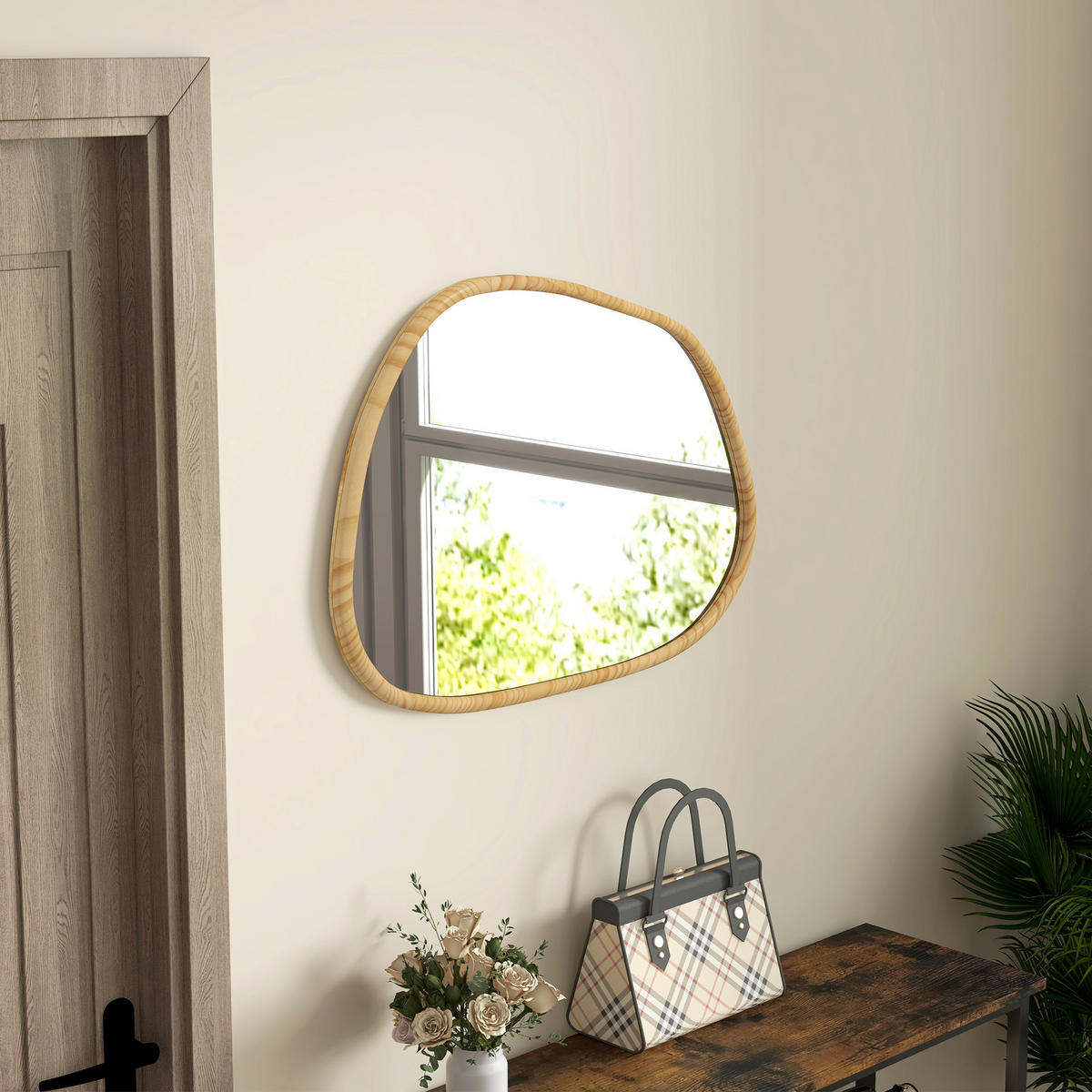 ASYMMETRISCH Wandspiegel, 80 x 60 cm Badezimmerspiegel mit Holzrahmen für Bad - Naturfarben, Glas/Holzwerkstoff (2.1/60/80cm) - HOMCOM