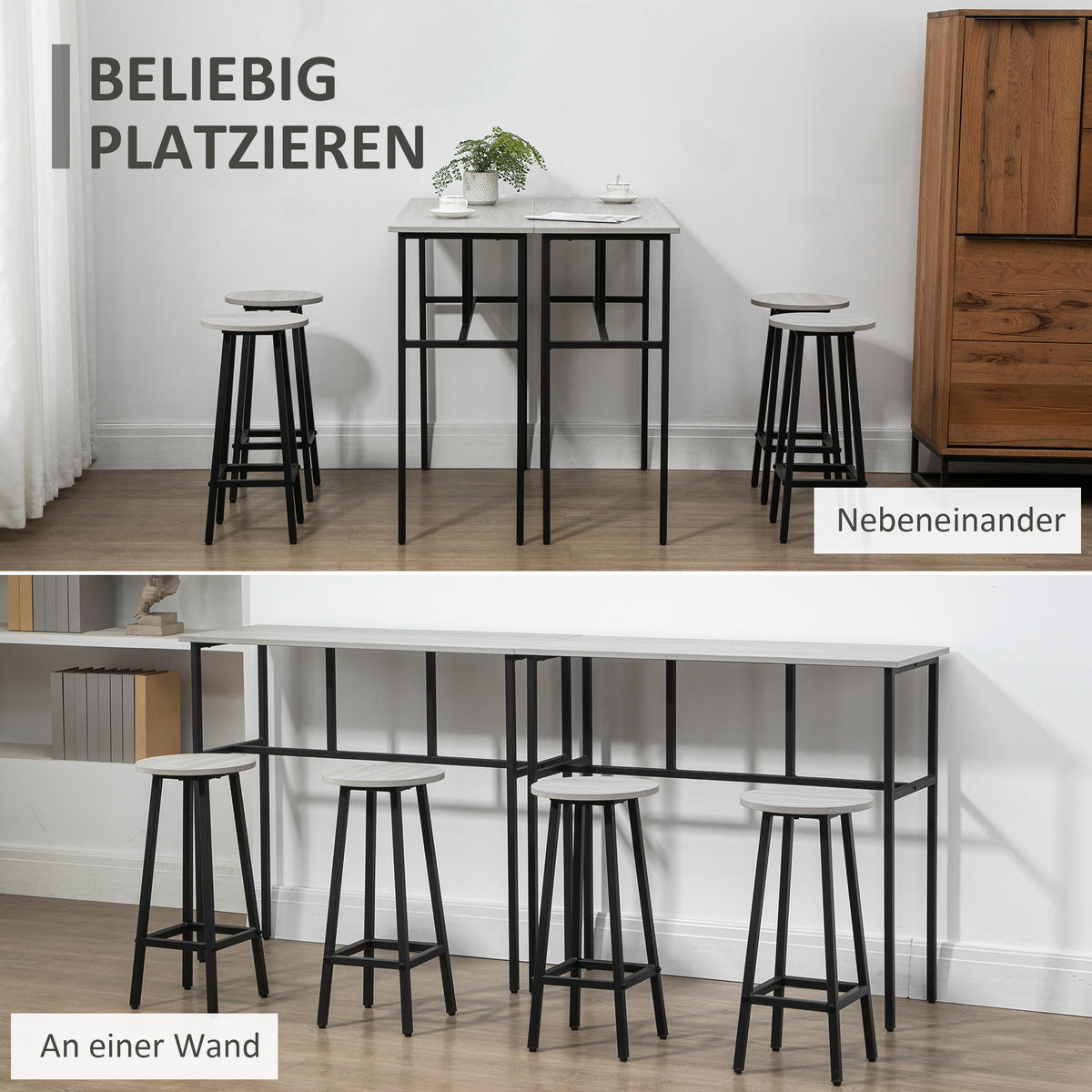 BARTISCH-SET, Spanplatte, Grau+Schwarz - Grau, Kunststoff (40/90/100cm) - HOMCOM