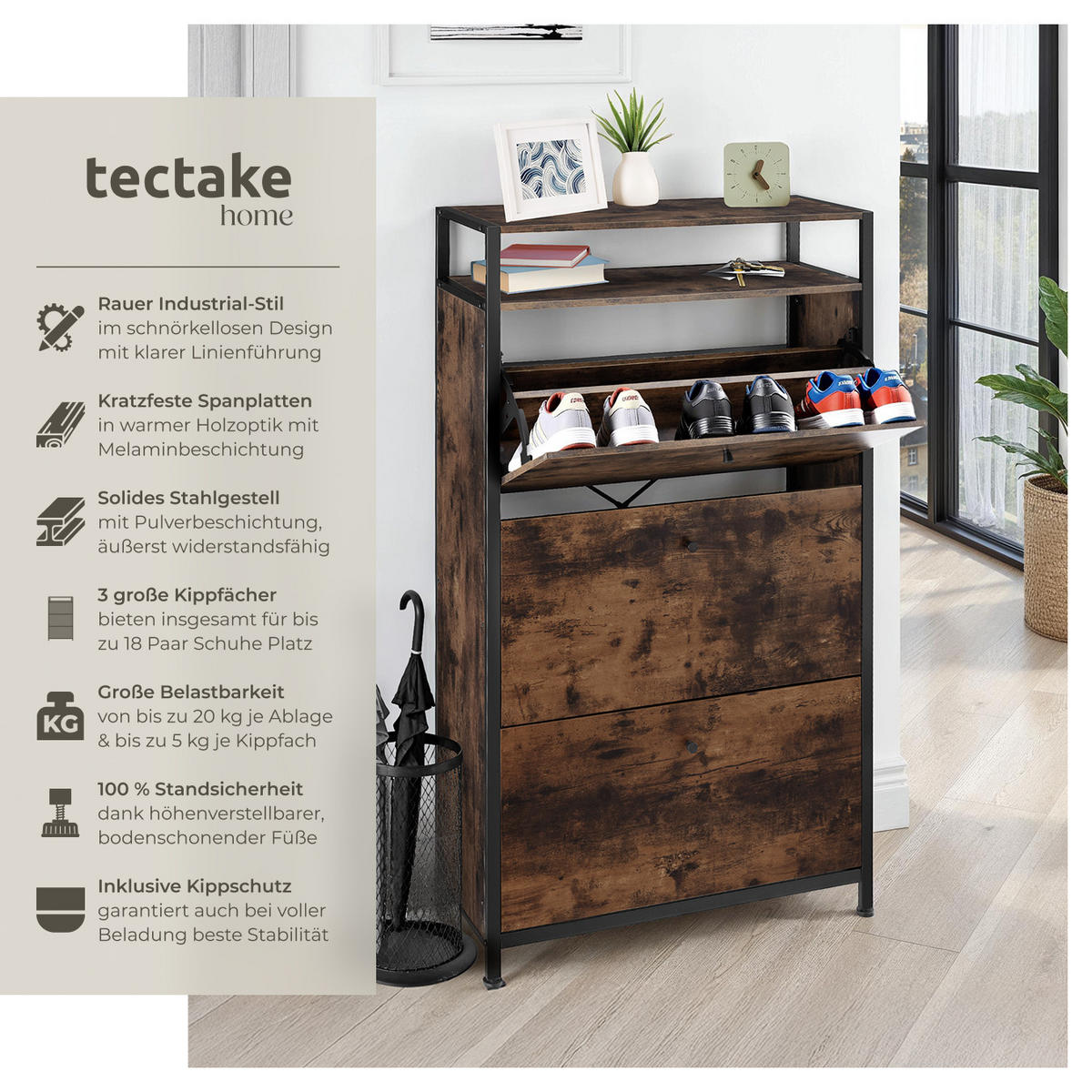 SCHUHSCHRANK Braddock,inklusive Kippschutz, 61 x 32 x 130 cm,Industrial Holz dunkel, rustikal - Rostfarben, Holzwerkstoff (32/130/61cm) - tectake