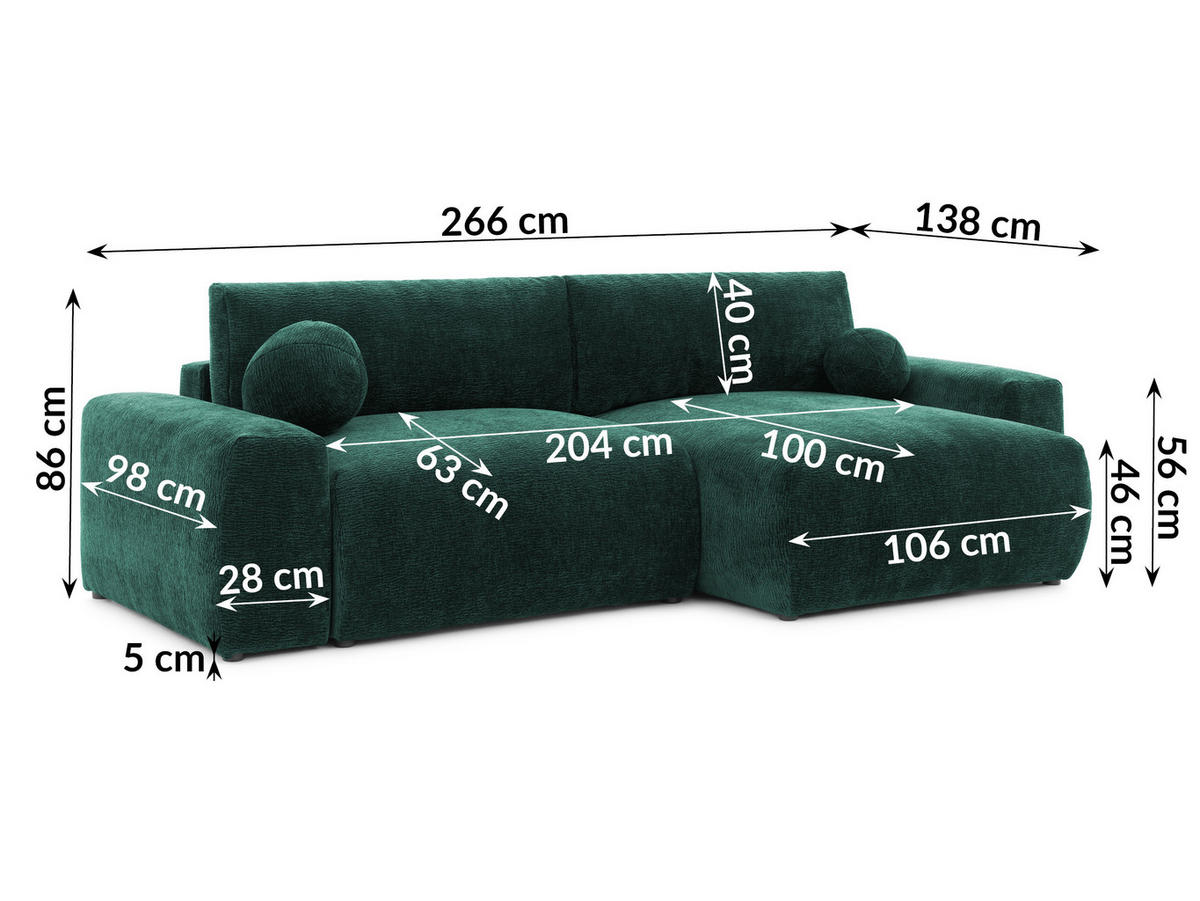 ECKSOFA Puffy mit Schlaffunktion und Bettkasten - besonders weich und puffig aus Grün Stoff mit Chenillestruktur - Ottomane rechts - Schwarz/Grün, Holz/Kunststoff (266/138cm) - S-Style Möbel