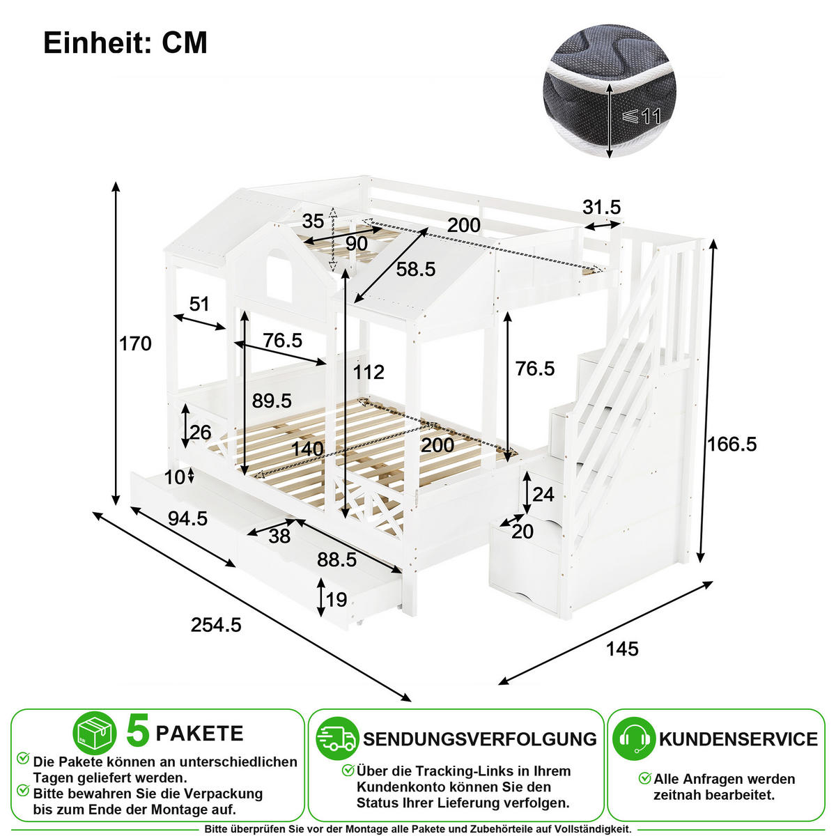 ETAGENBETT 90/200 cm & 140/200 cm in Weiß mit 2 Schubladen und Treppenschrank - Weiß, Holz/Holzwerkstoff (90/200cm) - CHICFURN