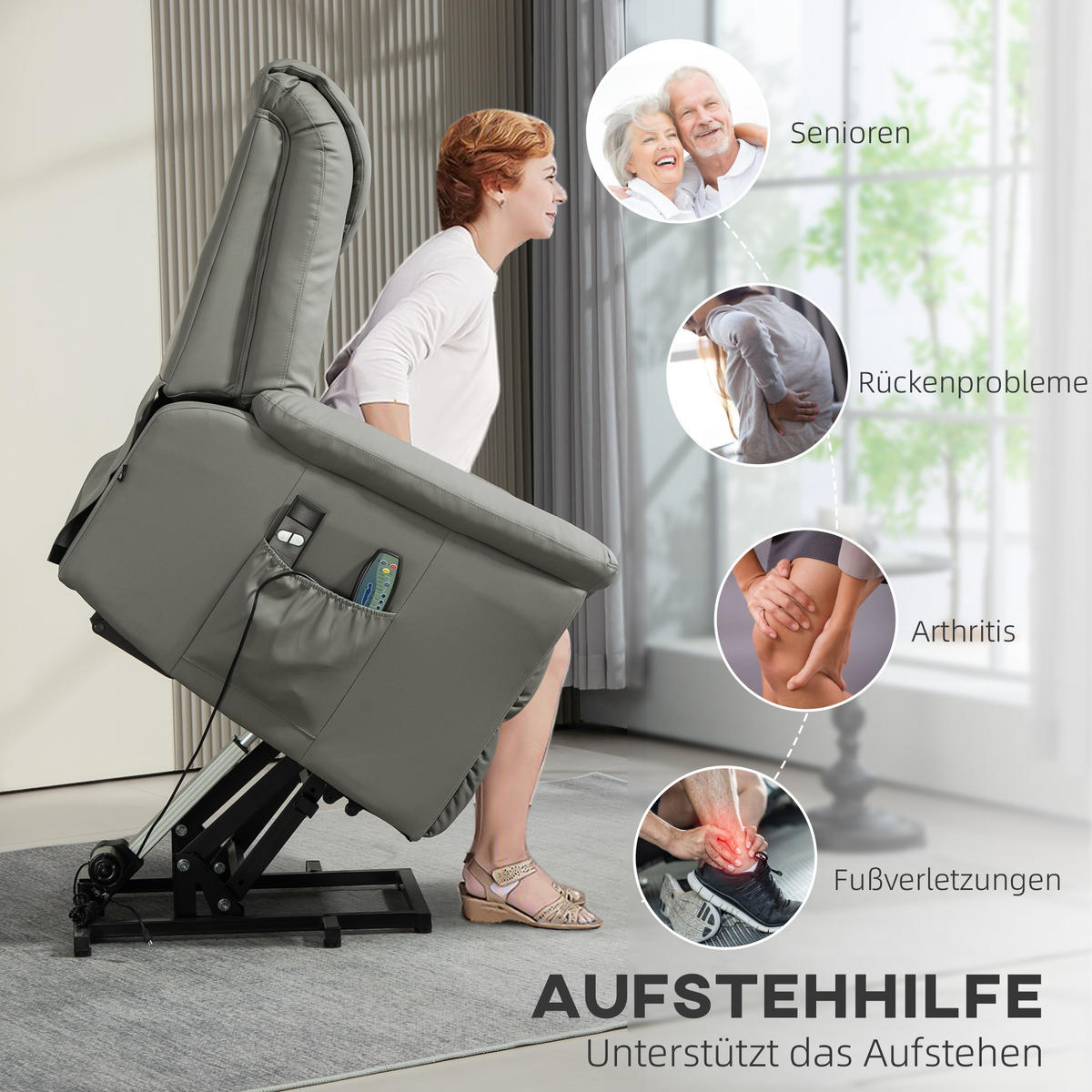 FERNSEHSESSEL mit Aufstehhilfe, Hellgrau - Hellgrau, Kunststoff (95/106/93cm) - HOMCOM