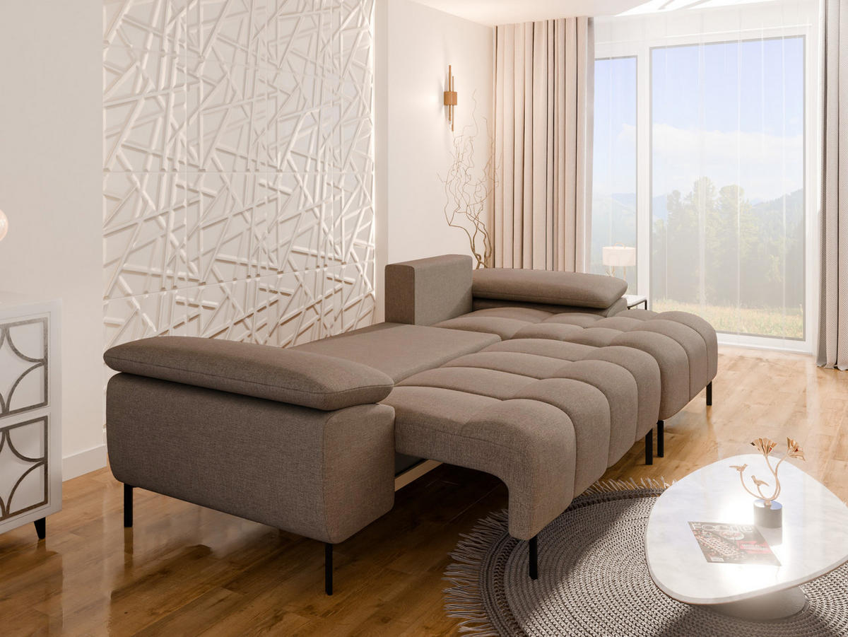 ECKSCHLAFSOFA 4-Sitzer DOLUS – Modernes Ecksofa mit Schlaffunktion Rechts montierbar, Braun - Braun, Holz (141/277cm) - Panda Möbel