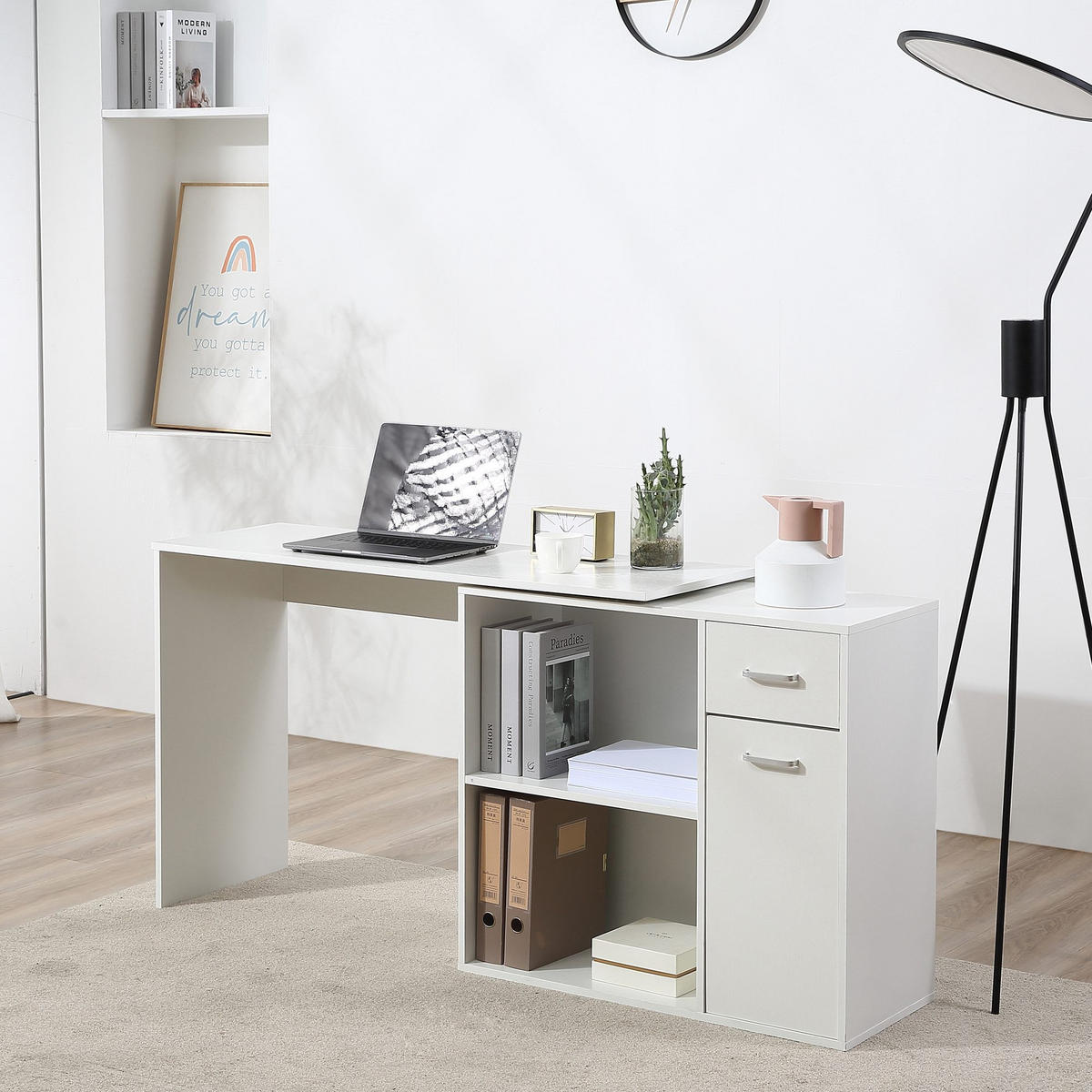 ECKSCHREIBTISCH Weiß drehbar mit Schublade und Schrank 117/82/74 cm - Weiß, Holzwerkstoff (82/117/74cm) - PANGIVO