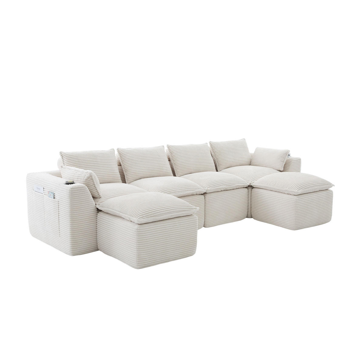 4-SITZER-SOFA aus Chenille, modular mit 2 Fußhockern und Getränkehaltern - Beige, Textil (322/75/161cm) - Urban Meuble