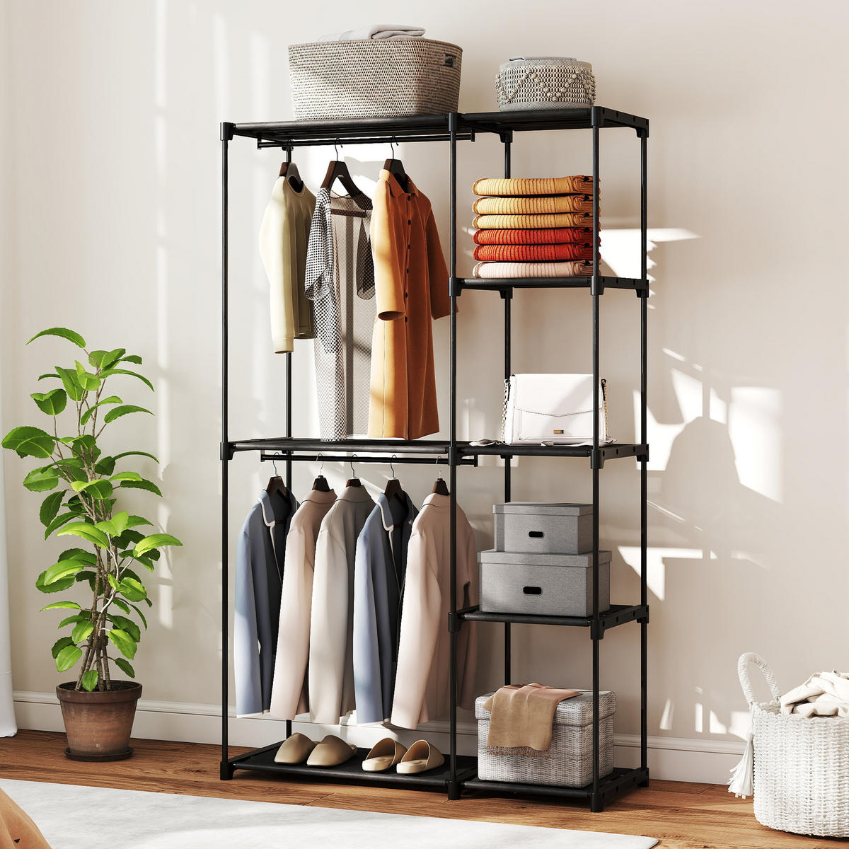 STOFFSCHRANK Kleiderschrank mit Kleiderstange, Ablagen, für Schlafzimmer, Ankleidezimmer, 111 x 43 x 185 cm, Schwarz - Schwarz, Textil (111/185/43cm)