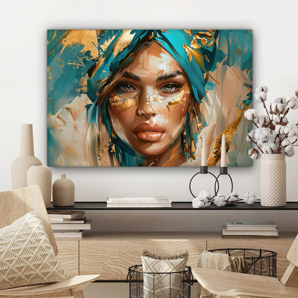 LEINWANDBILD - Frau - Porträt - Gold - Luxus - Blau - 60x40 - Wanddeko Schlafzimmer - Türkis, Textil (60/40cm) - MuchoWow
