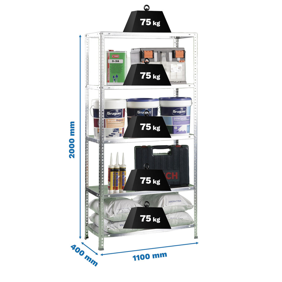 SCHRAUBREGAL PANDA TALL | HxBxT 200x110x40cm | 5 Fachböden | Fachlast 75kg | Verzinkt - Silberfarben, Metall (110/200/40cm) - PROREGAL