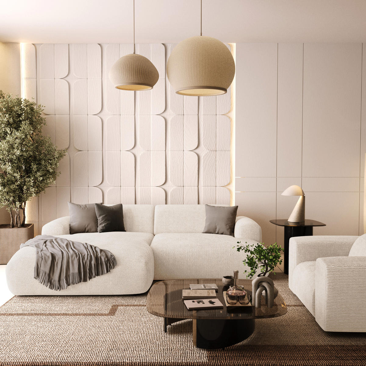 ECKSOFA LINKS Gerippter Samt Creme 266cm - Creme, Textil (165/266cm) - Sia Home