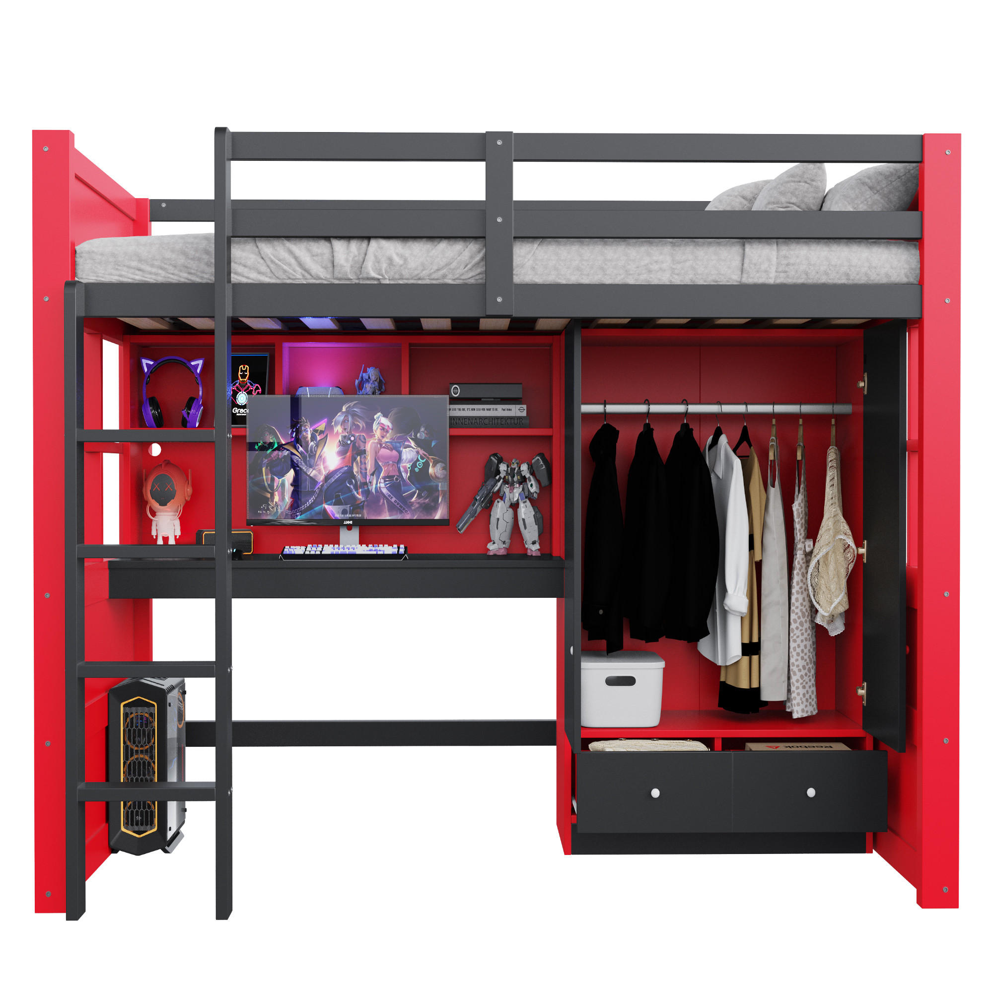 HOCHBETT 90x200cm Gaming Schreibtisch Schrank Stauraum Rot - Multicolor, Holz (90/200cm) - FLIEKS