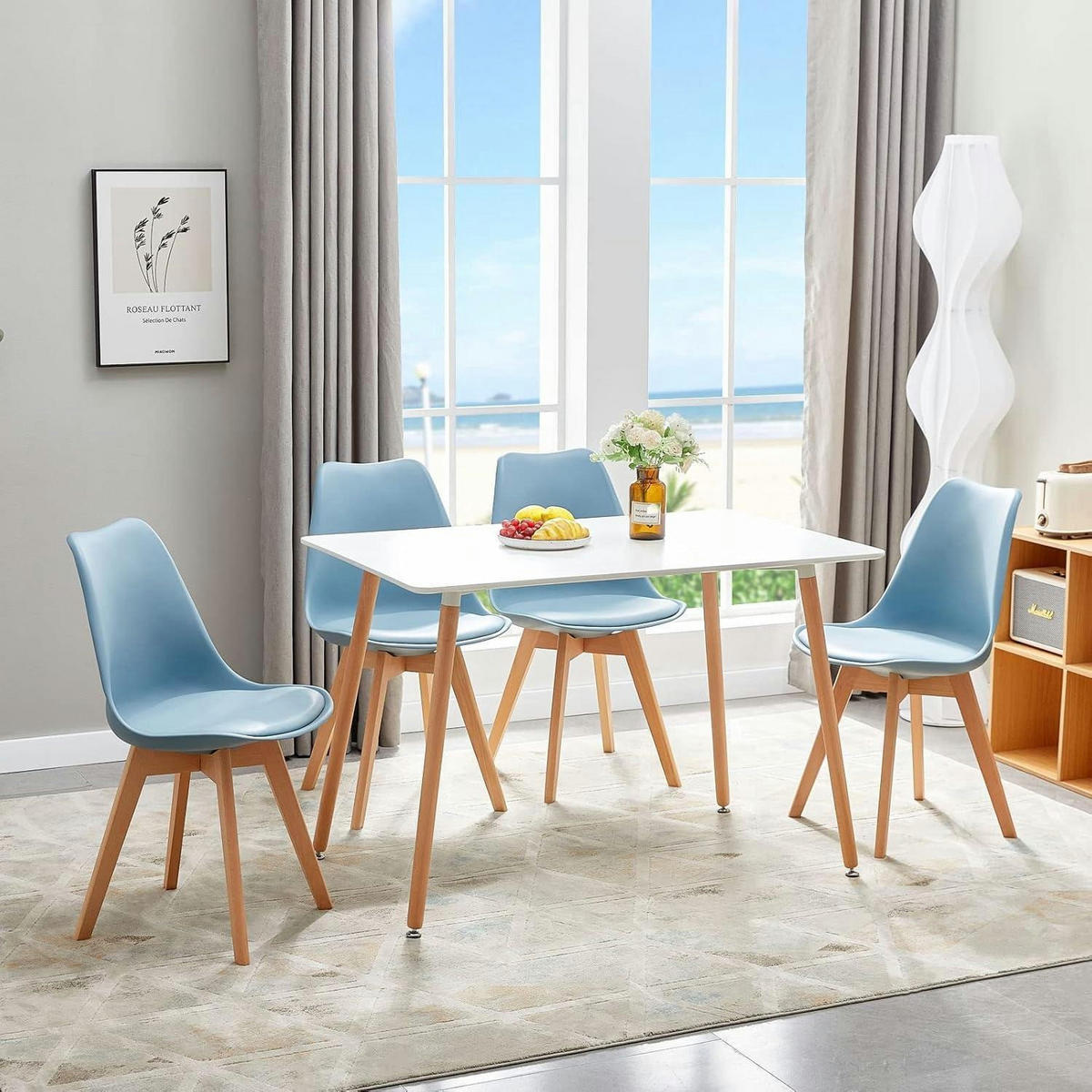 ESSZIMMERSTUHL 4er Set mit Massivholzbeinen und PU-Leder Morandi Lichtblau - Blau, Kunststoff (47.5/82/41cm)