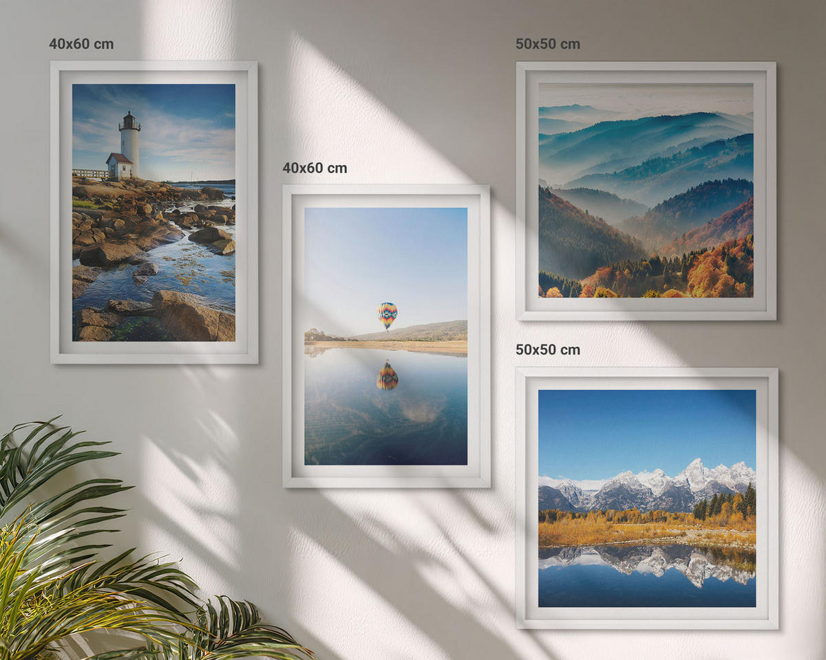 BILDER SET 4er Set - 50x50 cm & 40x60 cm Weißer Rahmen - Ausblicke auf die Natur, Leuchtturm, Berge - Weiß, Kunststoff (50/50cm) - TULUP