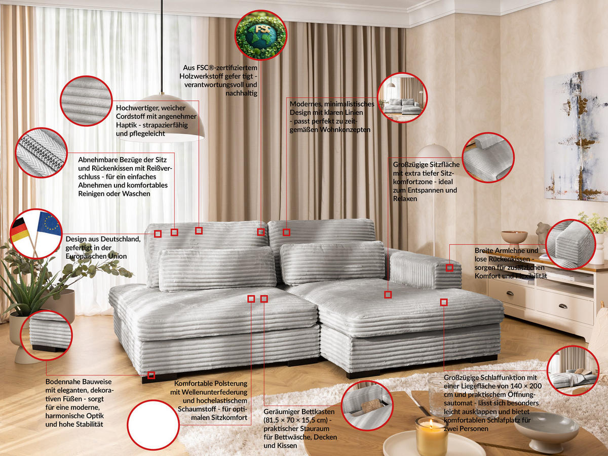 ECKSOFA Wolke mit tiefer Sitzfläche, Schlaffunktion und praktischem Bettkasten aus weichem Taupe Cordstoff - Taupe/Schwarz, Holz/Kunststoff (225/162cm) - S-Style