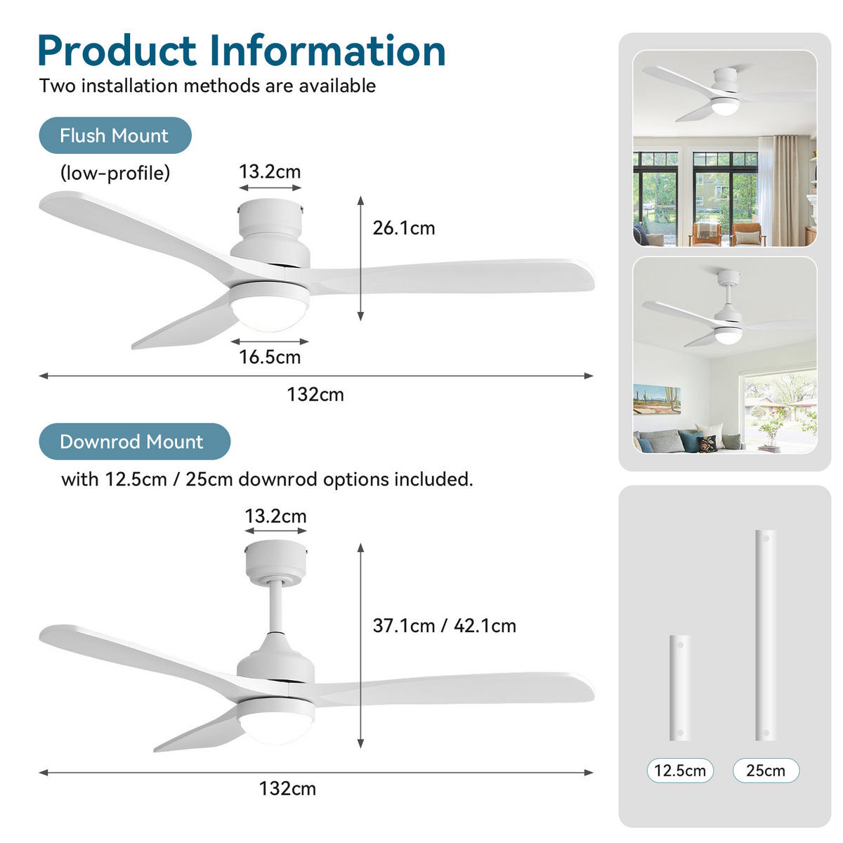DECKENVENTILATOR 52Zoll Weiß LED Licht DC Motor Massivholz Flügel - Weiß, Kunststoff (132.08/132.08/28.8cm) - CASIVA