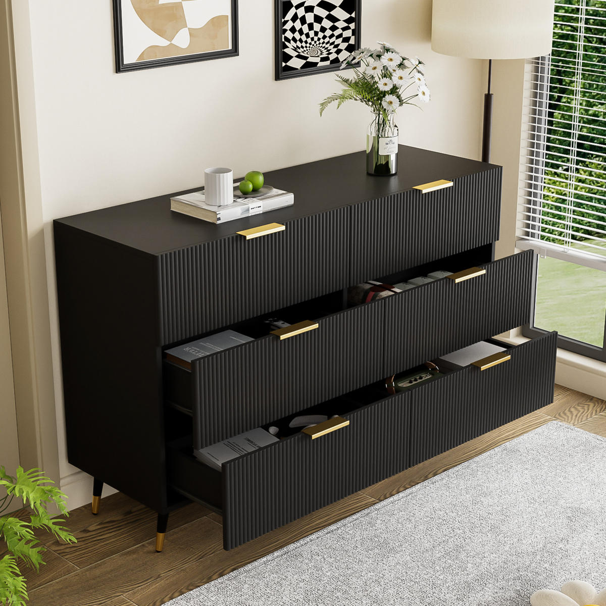 SIDEBOARD 120/40/77 cm aus Spanplatte mit 6 Schubladen Schwarz - Schwarz, Holzwerkstoff (120/40/77cm) - Modenvie