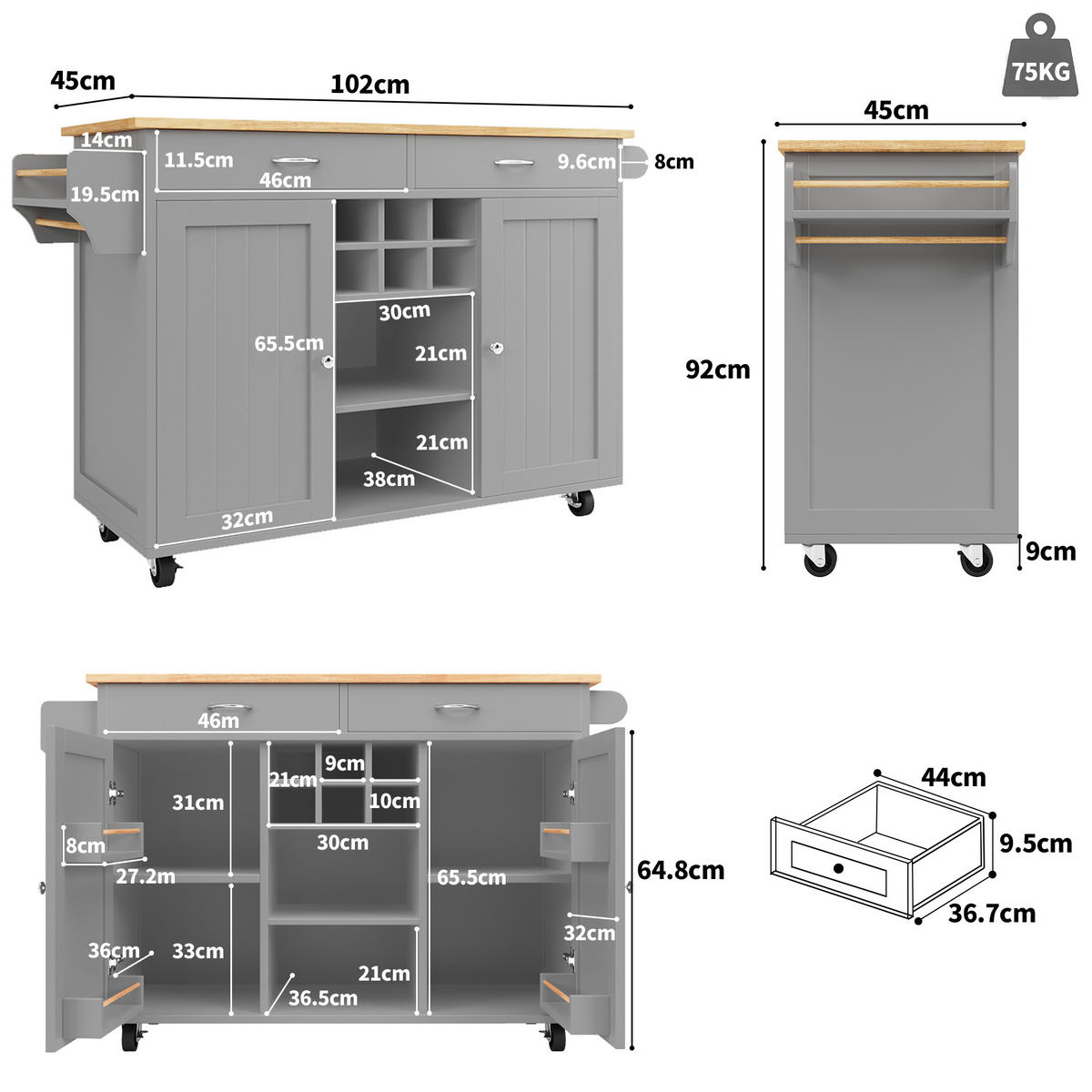 SERVIERWAGEN 102x45x92cm Grau mit verstellbaren Trennwänden & Lenkrollen - Grau, Holzwerkstoff (102/92/45cm) - Modfu