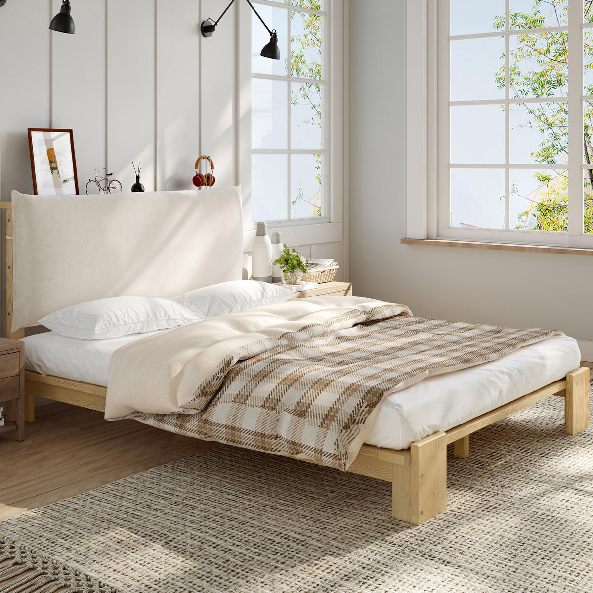POLSTERBETT 140/200 cm Natur mit gepolsterter Rückenlehne und Lattenrost - Naturfarben, Textil (140/200cm) - Flora Grace