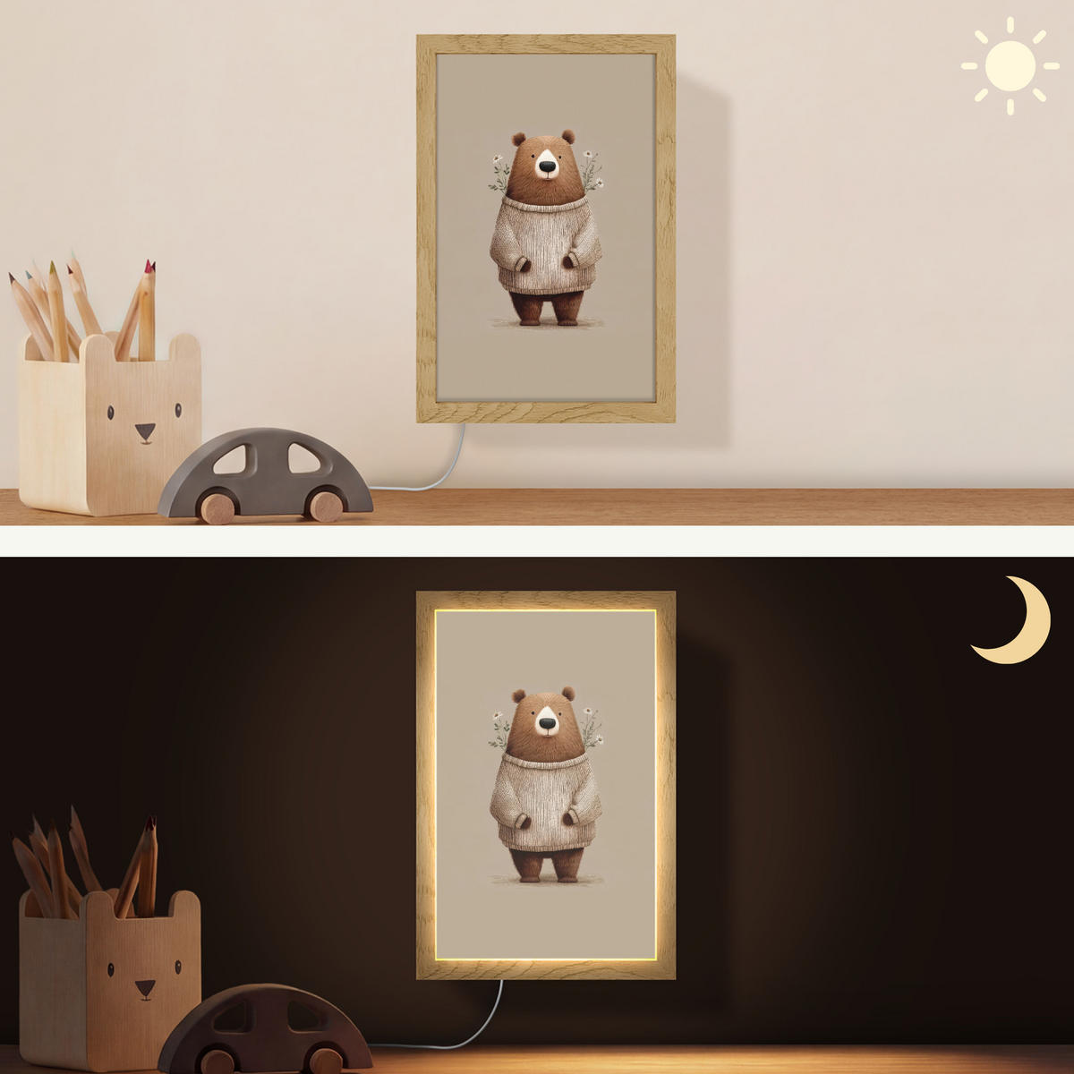 NÁSTĚNNÁ LAMPA Medvěd - Bílé květy - Cosy 20x30 cm - šedohnědá, kompozitní dřevo (20/30/8cm) - OnlyWow