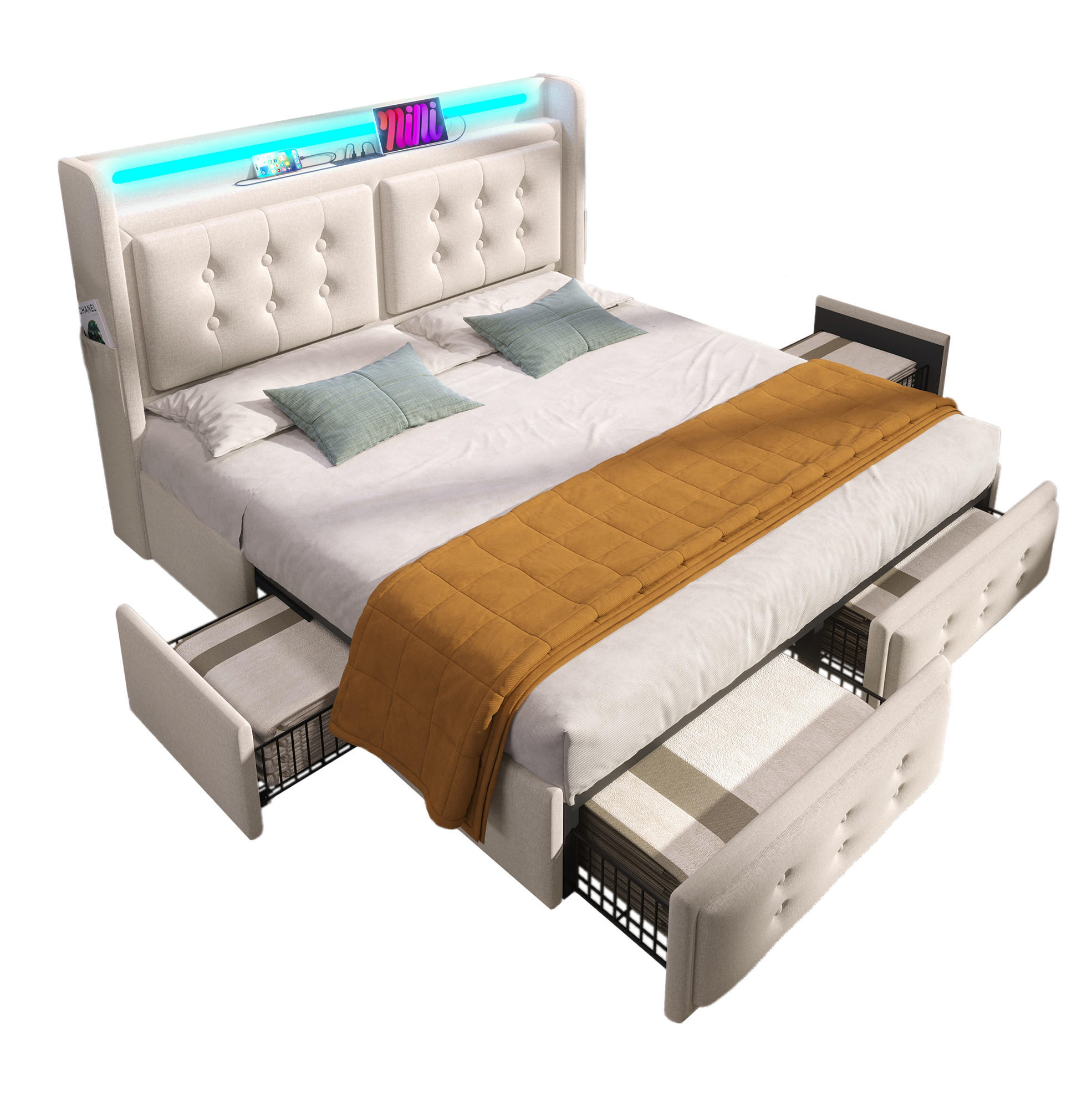 ČALÚNENÁ posteľ 168/220/106 cm béžová, s LED osvetlením, USB-C a úložnými zásuvkami - béžová, textil (160/200cm) - BEAOK