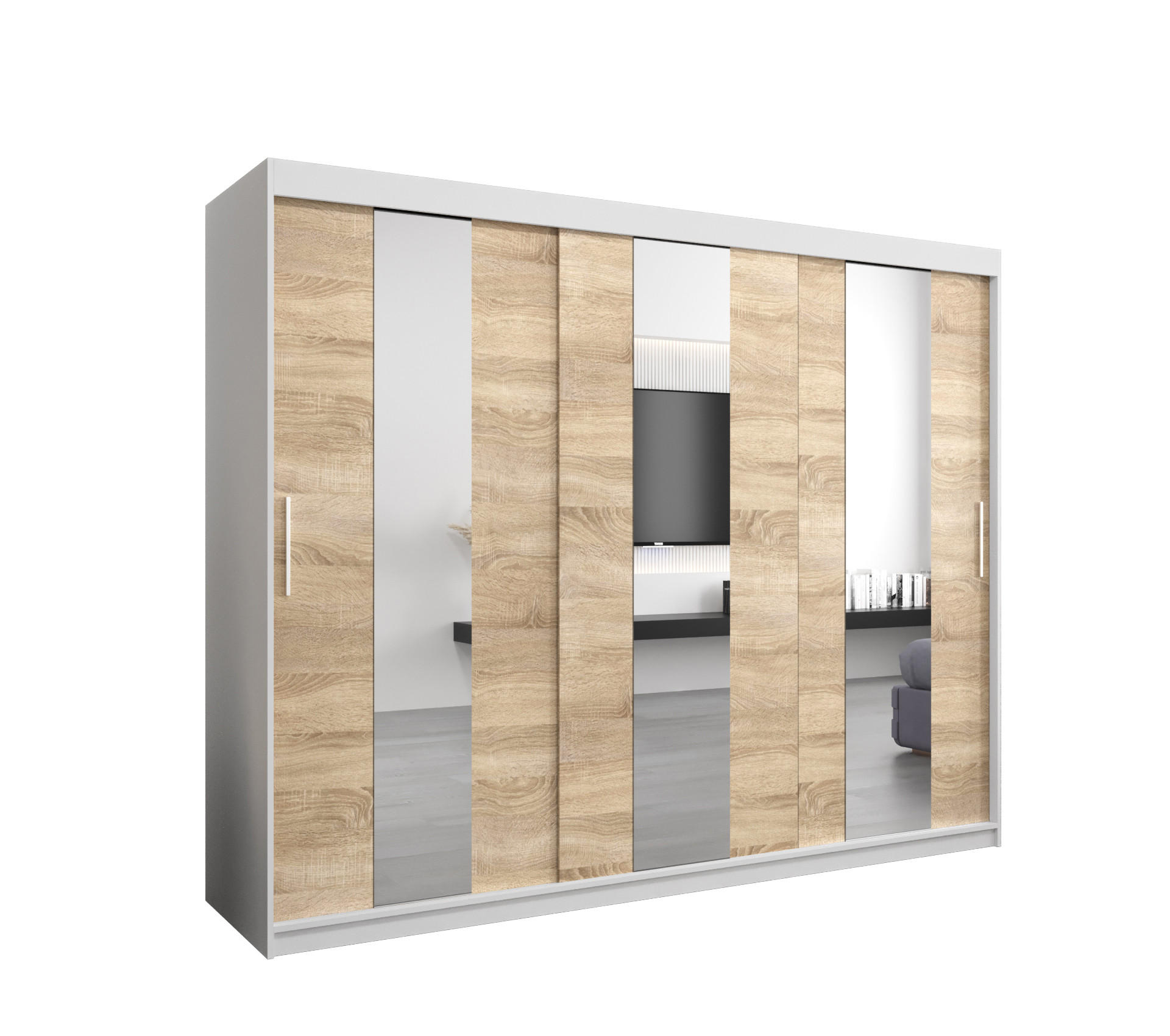 Abiks Möbel Schwebetürenschrank Weiß, Sonoma Eiche 250x200x62 cm