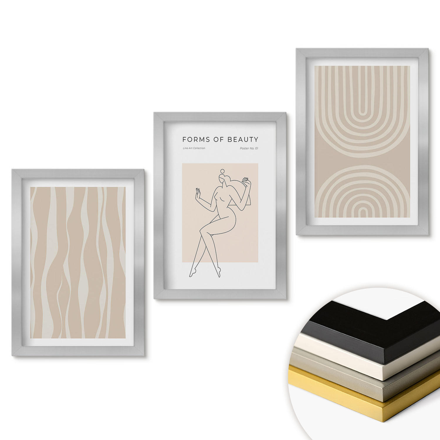WANDBILDER 3er Set - 20x30 cm Silberner Rahmen - Abstrakte Boho-Dekorationen - Silberfarben, Kunststoff (20/30cm) - ArtPrintCave