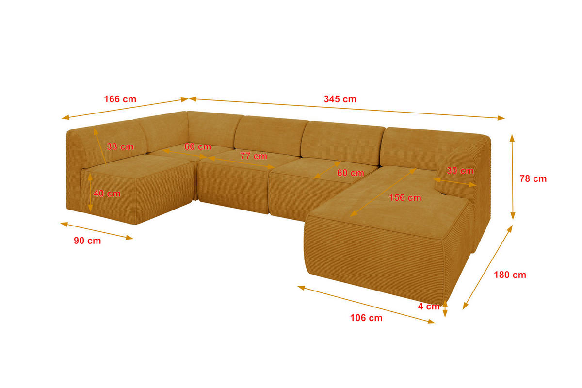 WOHNLANDSCHAFT Ottomane Rechts MOVO-L 345x180x78 cm Senffarbe Cord - Honig, Holzwerkstoff/Kunststoff (180/78/345cm) - ALTDECOR